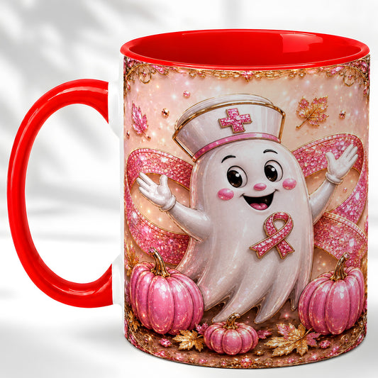 #pl[11oz|Red] Pink Ribbon Nurse Ghost Coffee Mug, Halloween Mug, Ceramic Cup