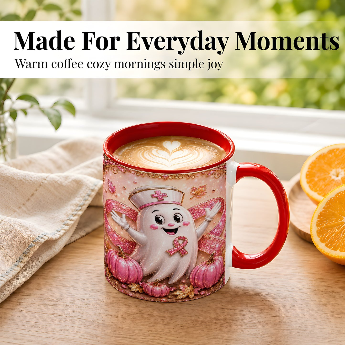 #pl[11oz|Red] Pink Ribbon Nurse Ghost Coffee Mug, Halloween Mug, Ceramic Cup