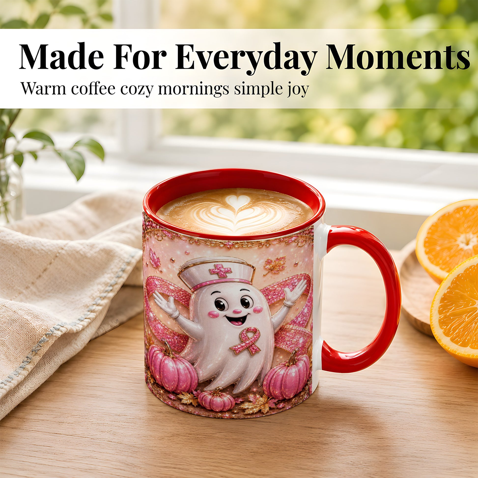 #pl[11oz|Red] Pink Ribbon Nurse Ghost Coffee Mug, Halloween Mug, Ceramic Cup