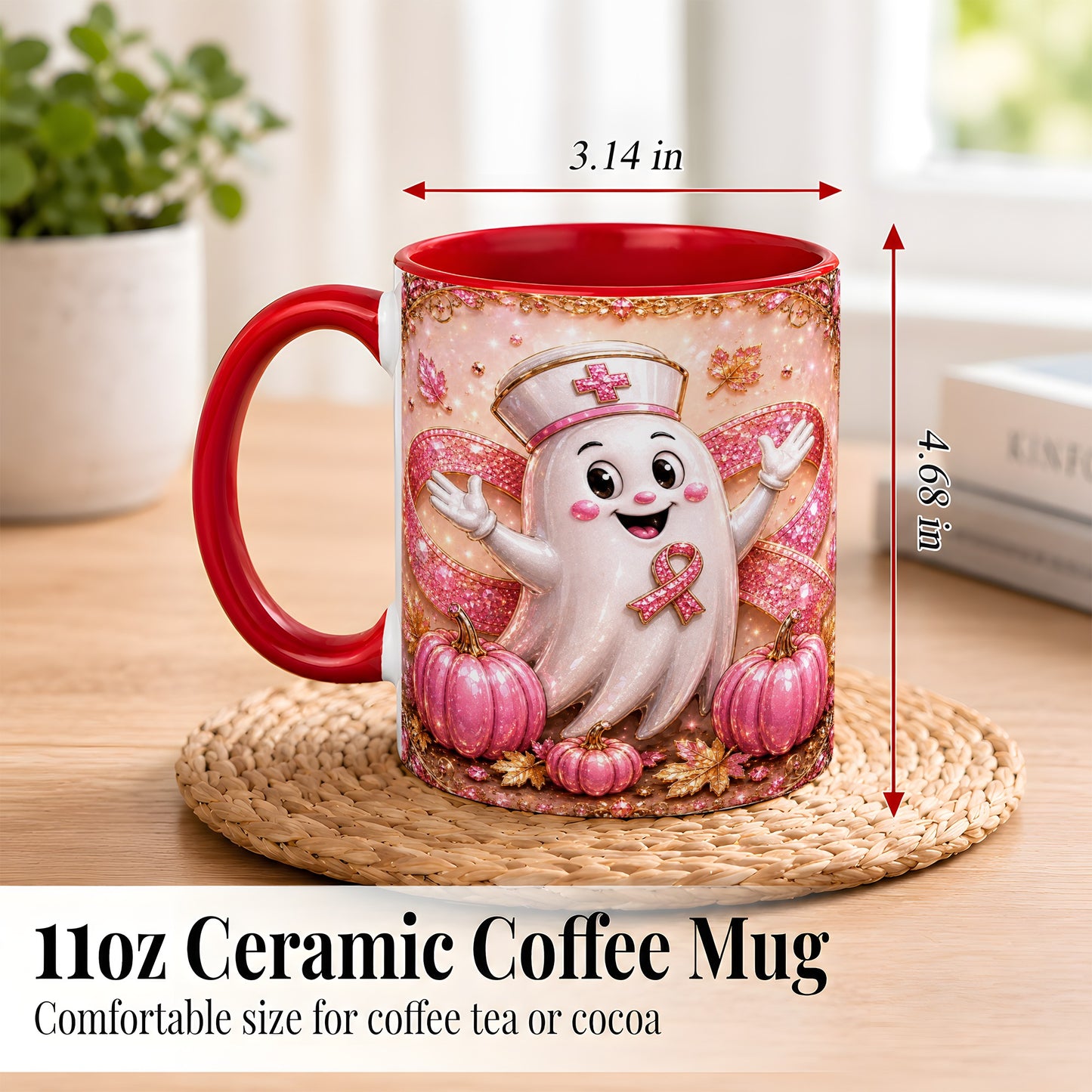 #pl[11oz|Red] Pink Ribbon Nurse Ghost Coffee Mug, Halloween Mug, Ceramic Cup