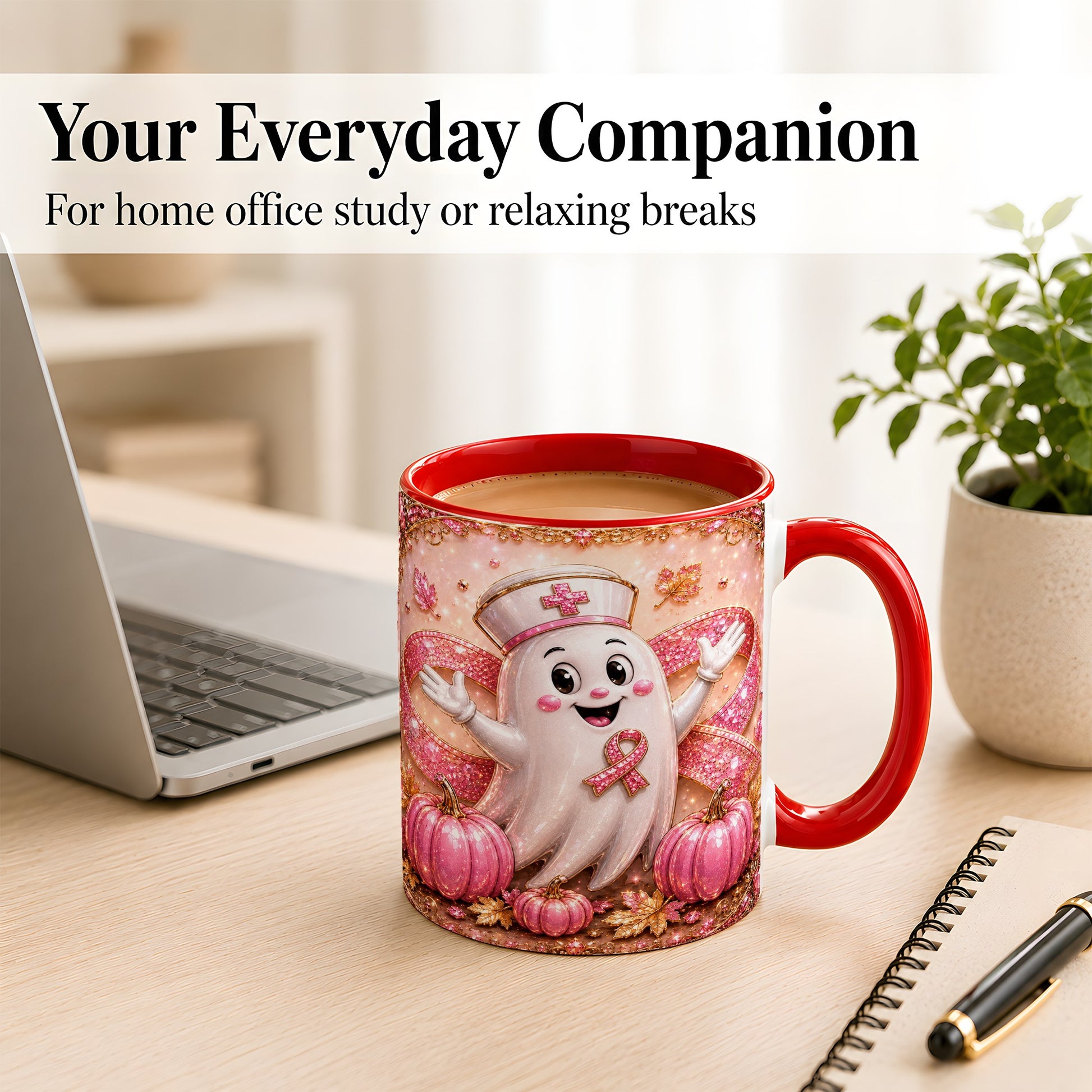 #pl[11oz|Red] Pink Ribbon Nurse Ghost Coffee Mug, Halloween Mug, Ceramic Cup