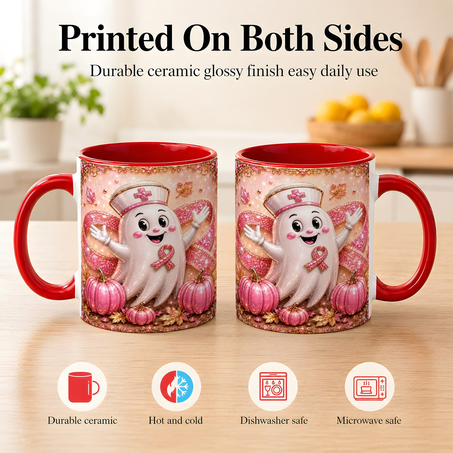 #pl[11oz|Red] Pink Ribbon Nurse Ghost Coffee Mug, Halloween Mug, Ceramic Cup
