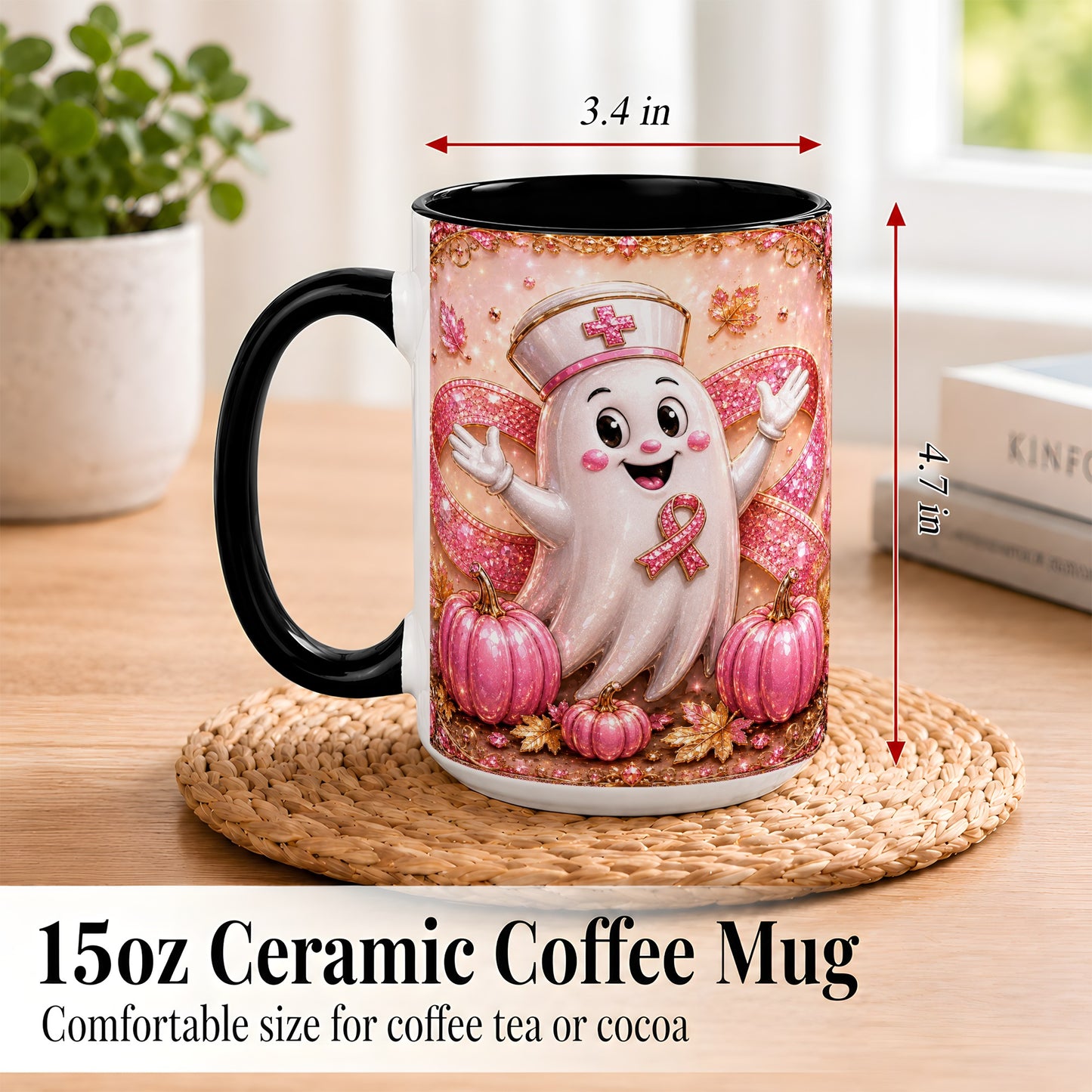 #pl[15oz|Black] Pink Ribbon Nurse Ghost Coffee Mug, Halloween Mug, Ceramic Cup