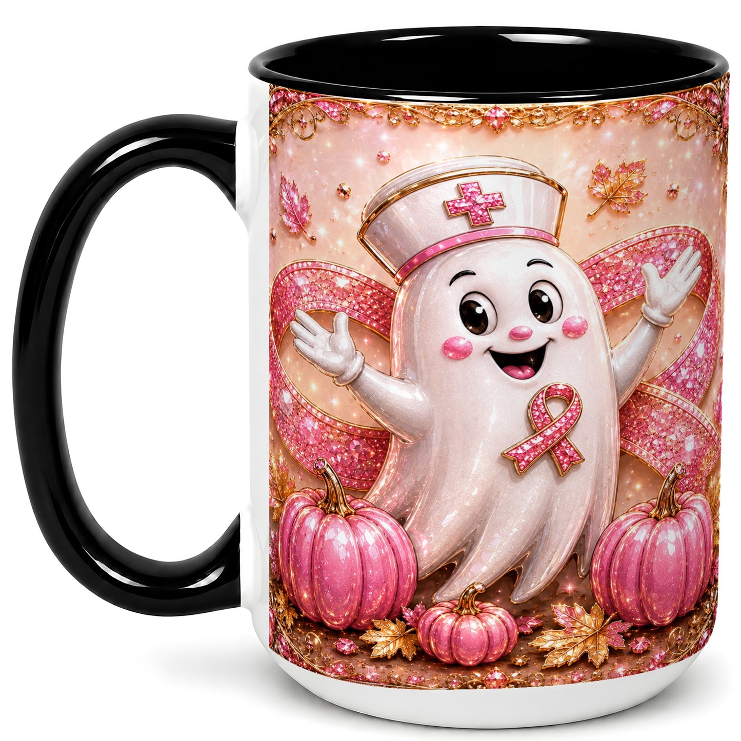 #pl[15oz|Black] Pink Ribbon Nurse Ghost Coffee Mug, Halloween Mug, Ceramic Cup