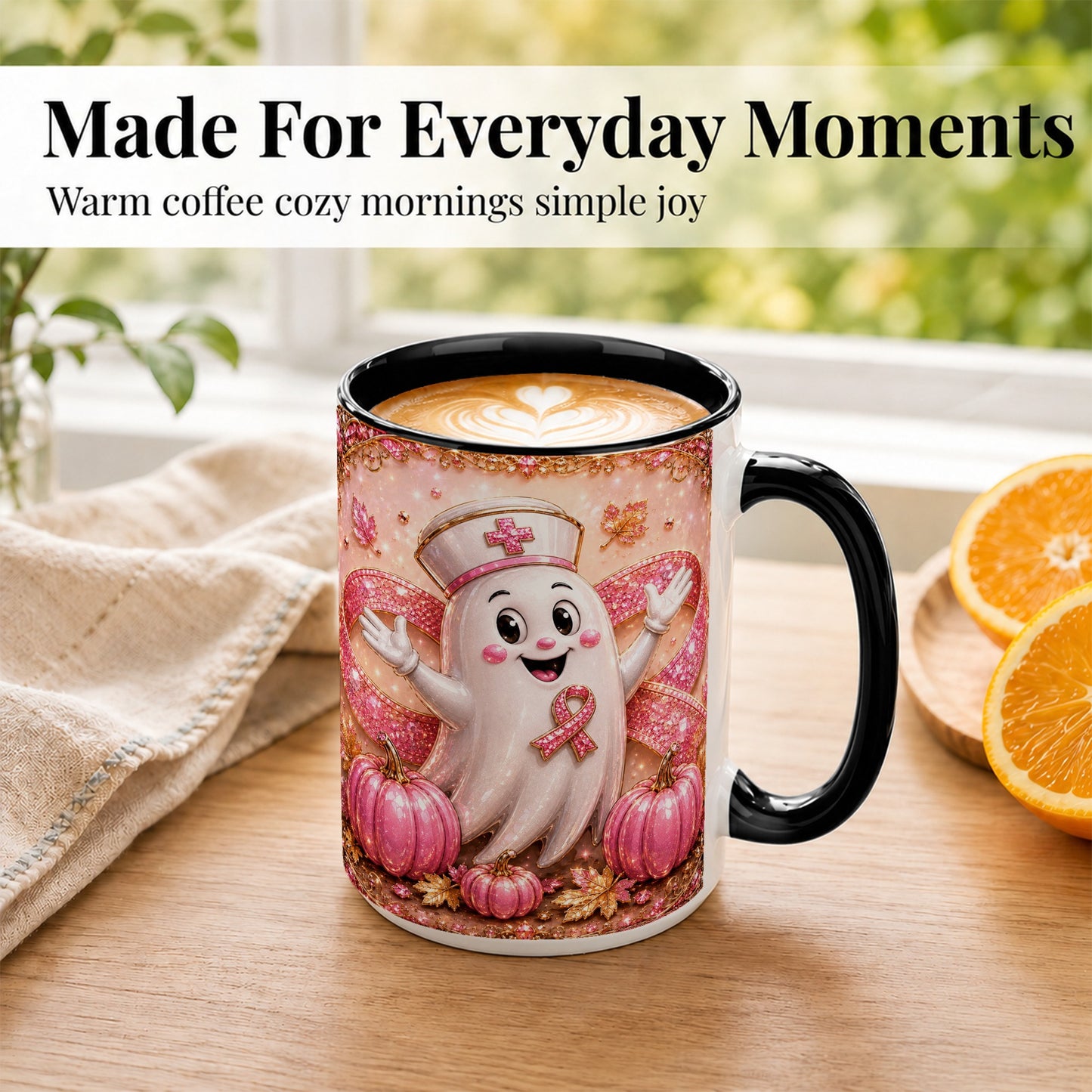#pl[15oz|Black] Pink Ribbon Nurse Ghost Coffee Mug, Halloween Mug, Ceramic Cup