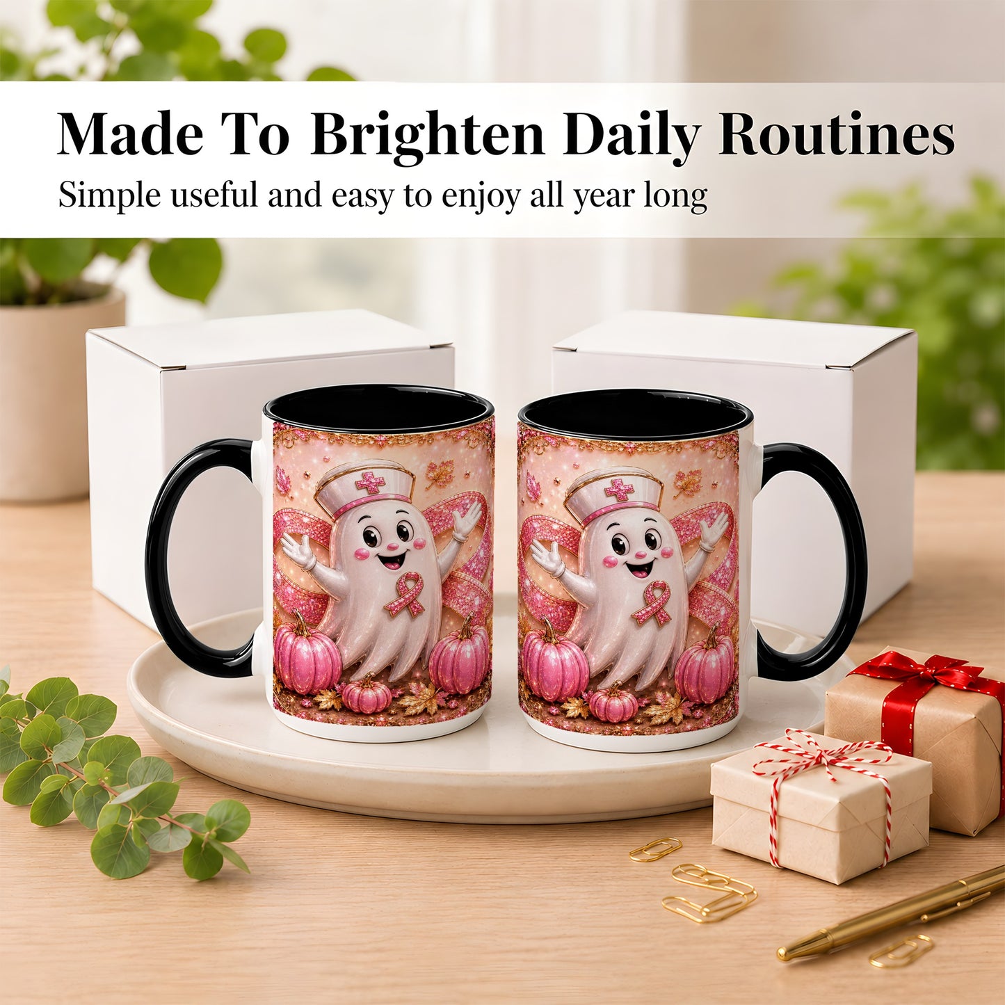 #pl[15oz|Black] Pink Ribbon Nurse Ghost Coffee Mug, Halloween Mug, Ceramic Cup