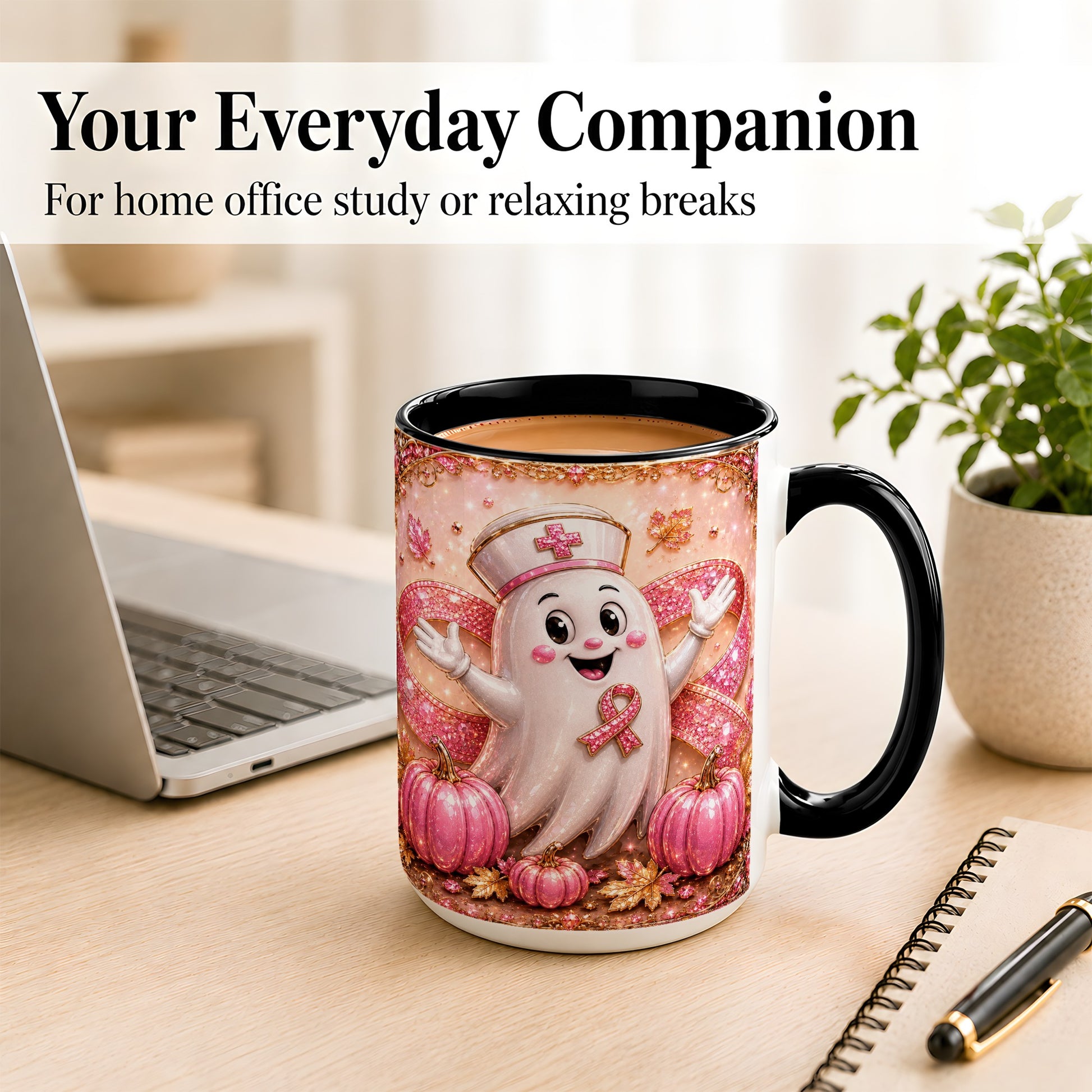 #pl[15oz|Black] Pink Ribbon Nurse Ghost Coffee Mug, Halloween Mug, Ceramic Cup