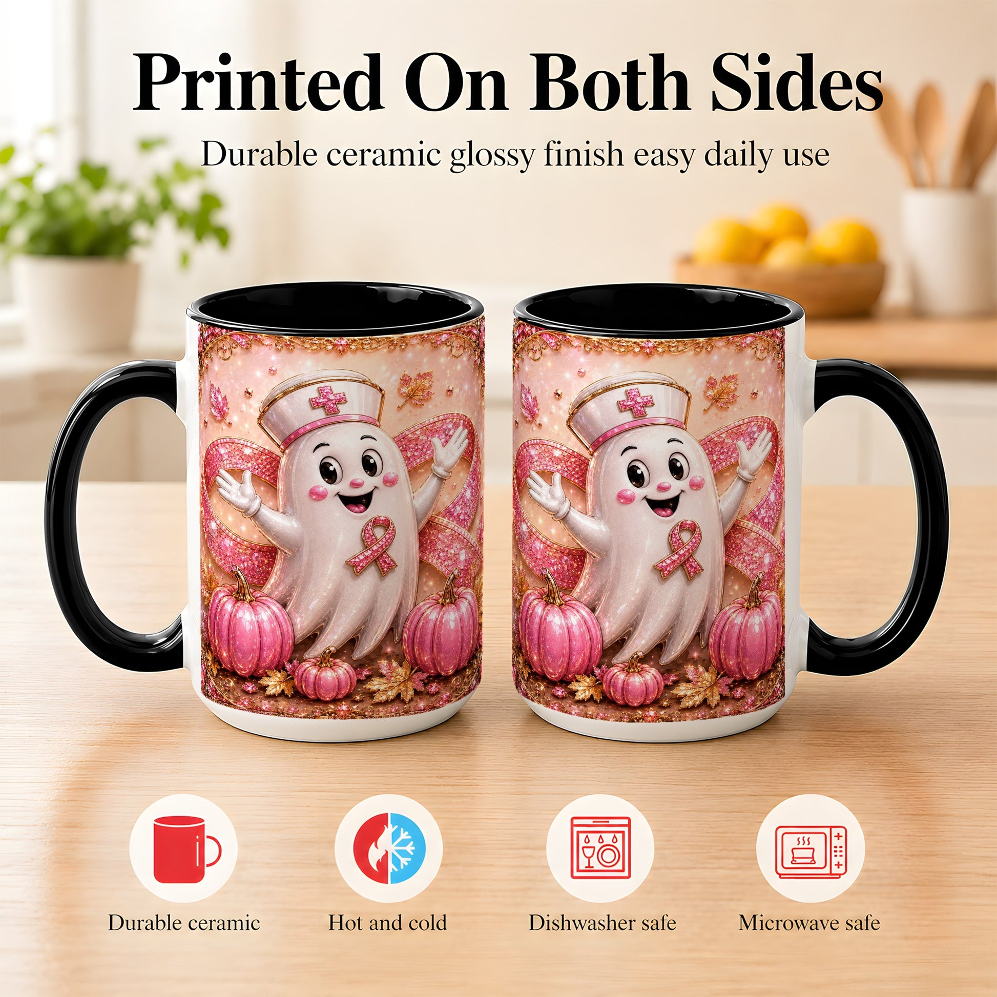#pl[15oz|Black] Pink Ribbon Nurse Ghost Coffee Mug, Halloween Mug, Ceramic Cup