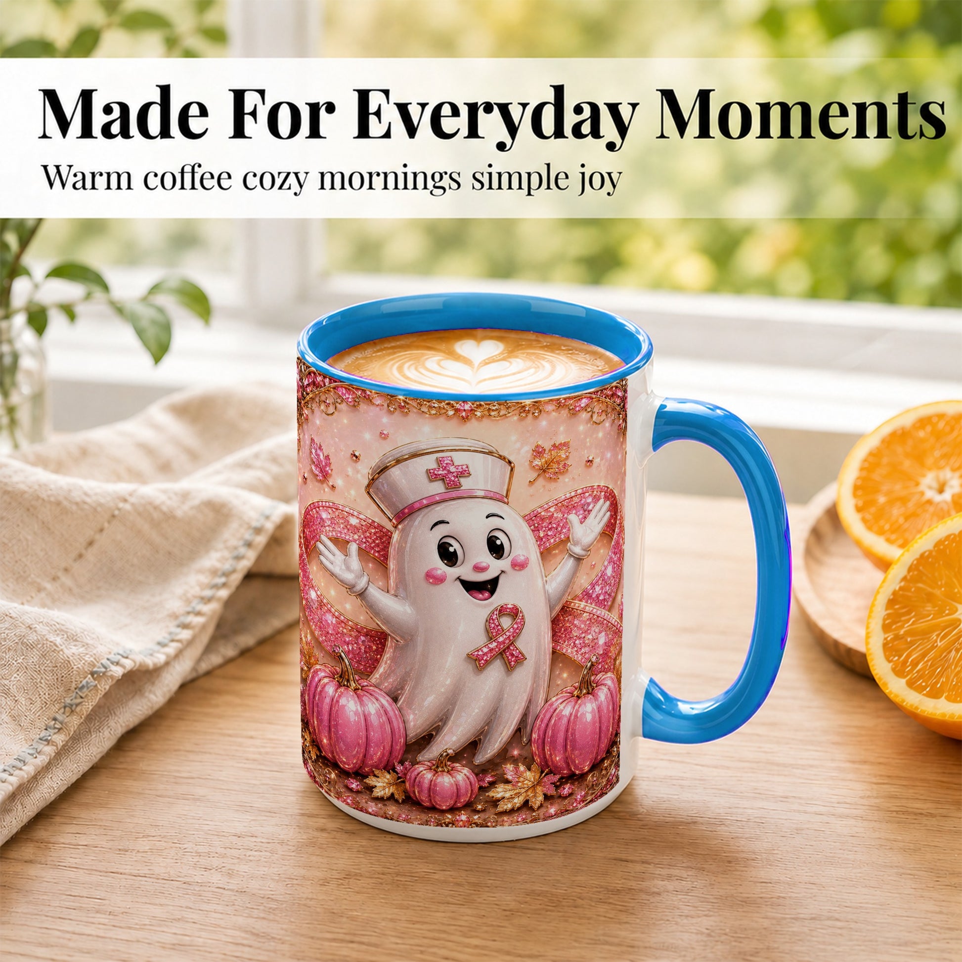 #pl[15oz|Blue] Pink Ribbon Nurse Ghost Coffee Mug, Halloween Mug, Ceramic Cup