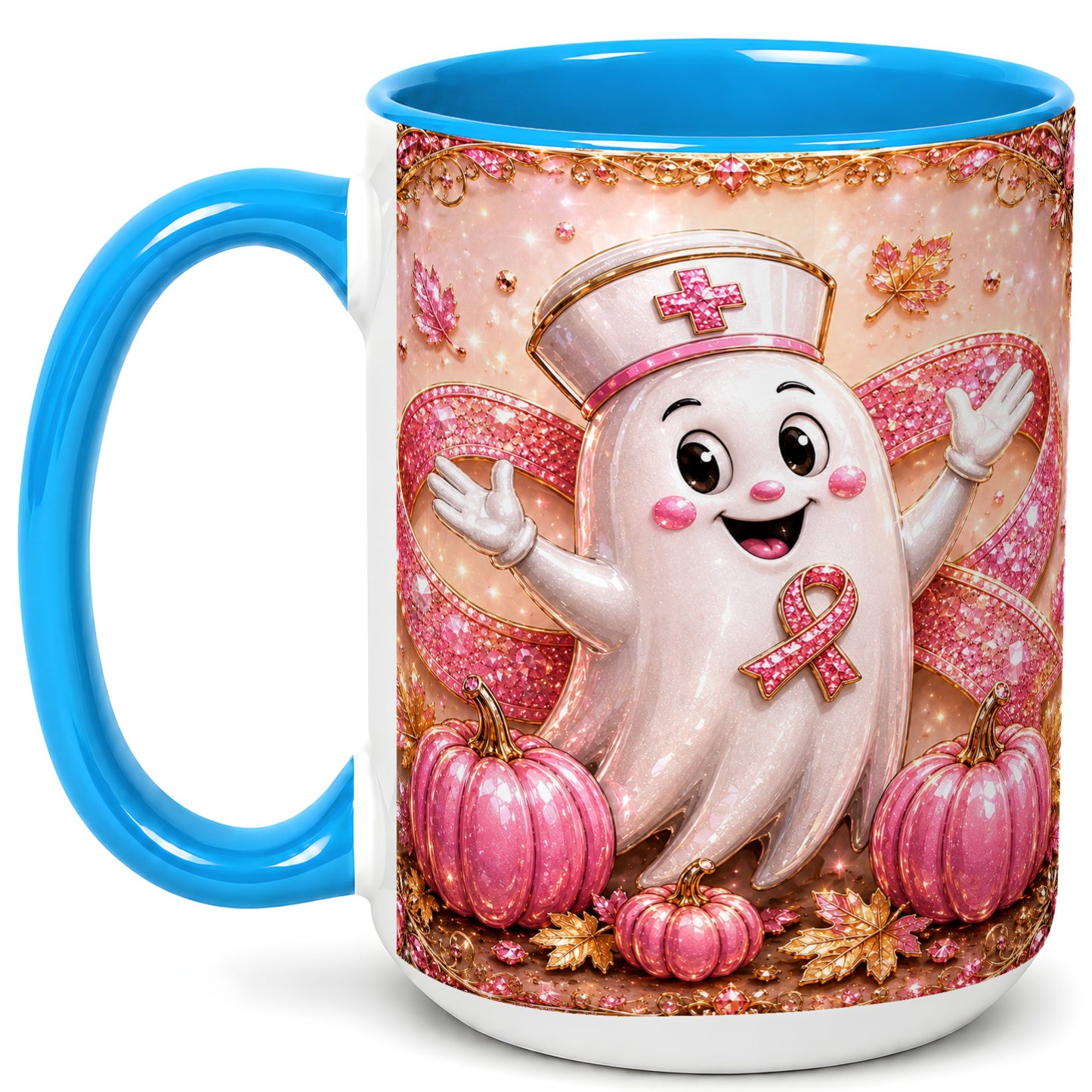 #pl[15oz|Blue] Pink Ribbon Nurse Ghost Coffee Mug, Halloween Mug, Ceramic Cup
