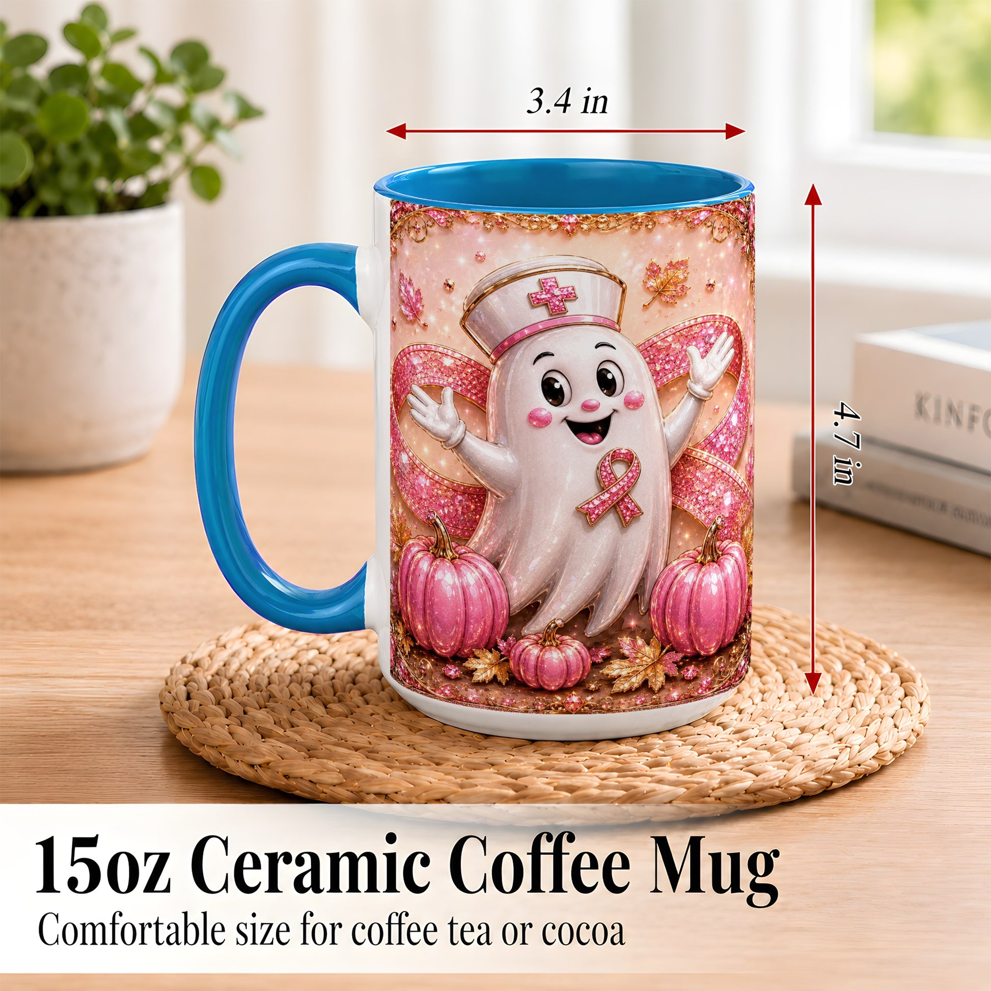 #pl[15oz|Blue] Pink Ribbon Nurse Ghost Coffee Mug, Halloween Mug, Ceramic Cup