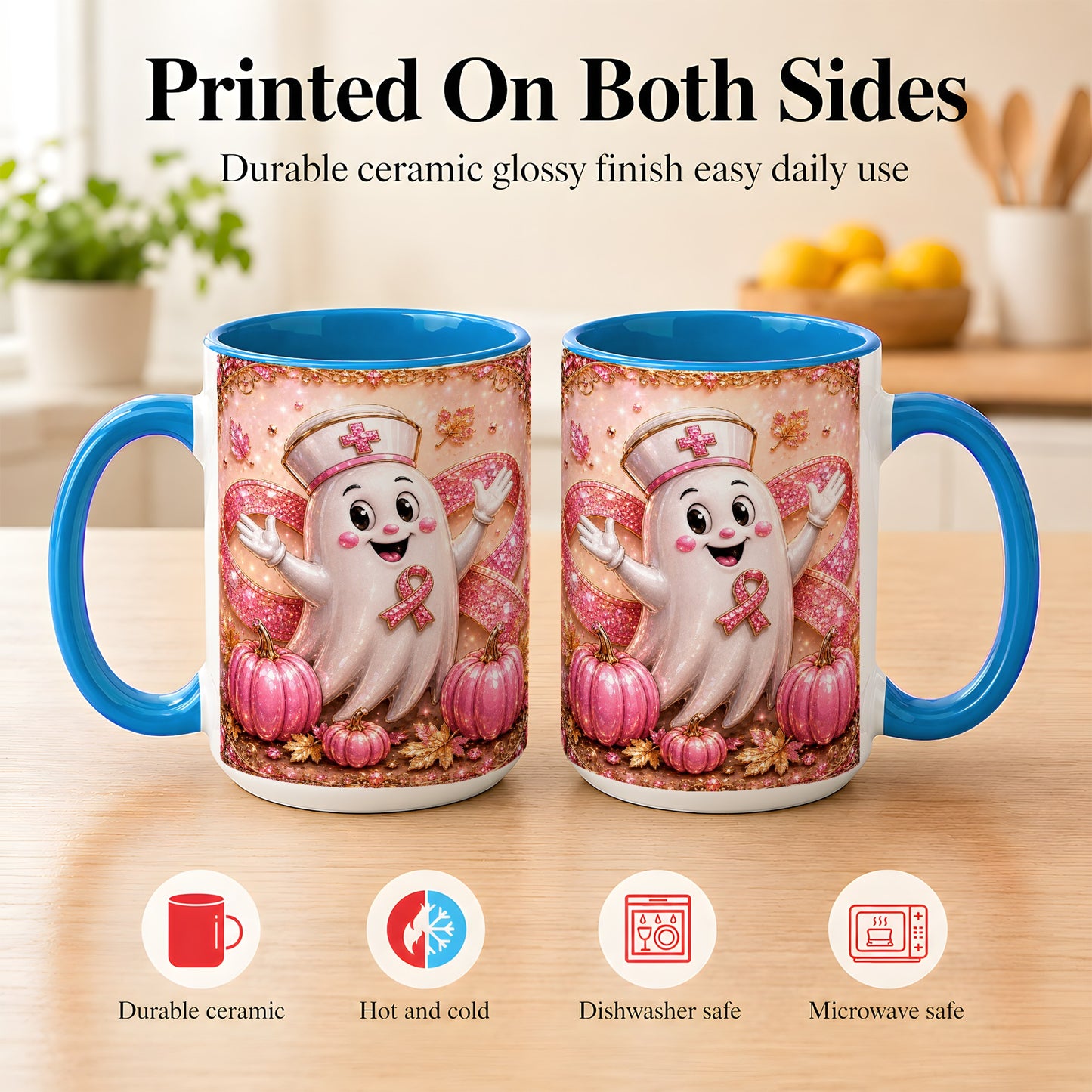 #pl[15oz|Blue] Pink Ribbon Nurse Ghost Coffee Mug, Halloween Mug, Ceramic Cup