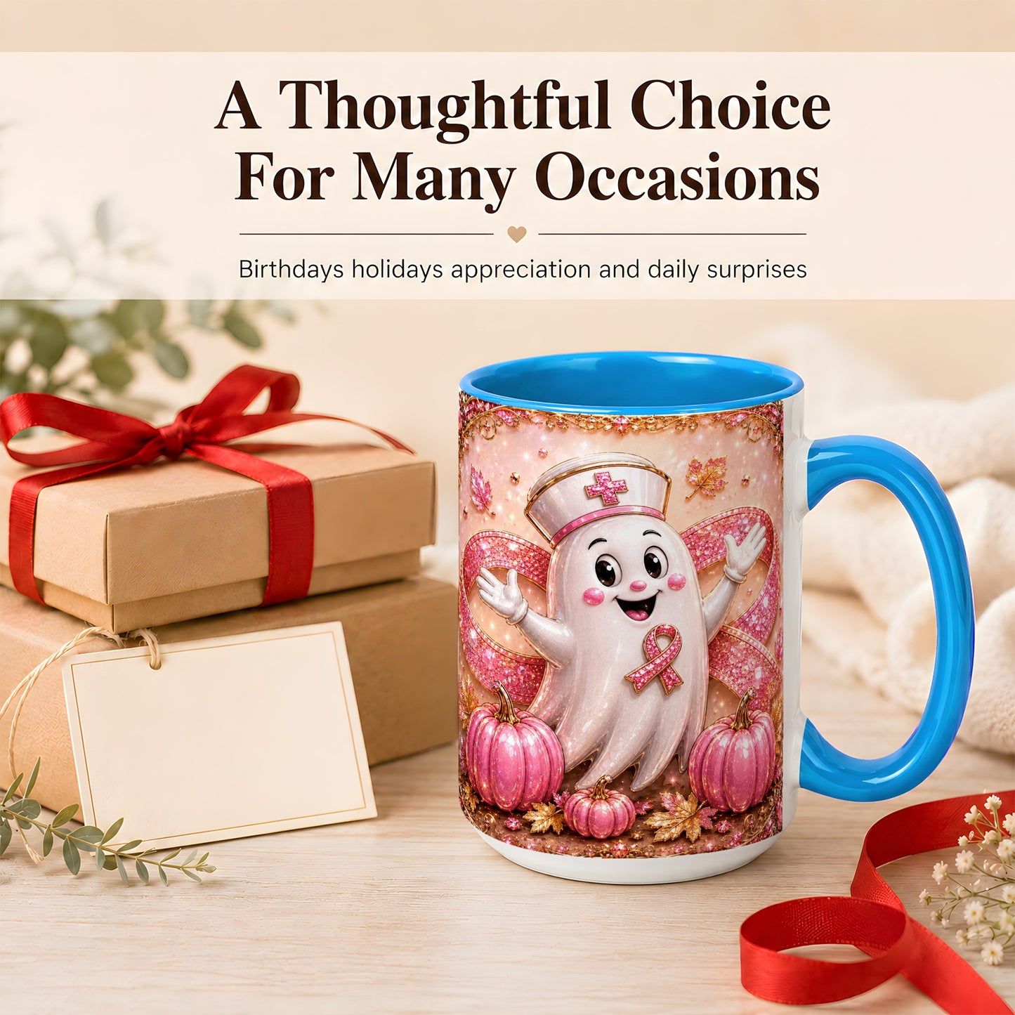 #pl[15oz|Blue] Pink Ribbon Nurse Ghost Coffee Mug, Halloween Mug, Ceramic Cup