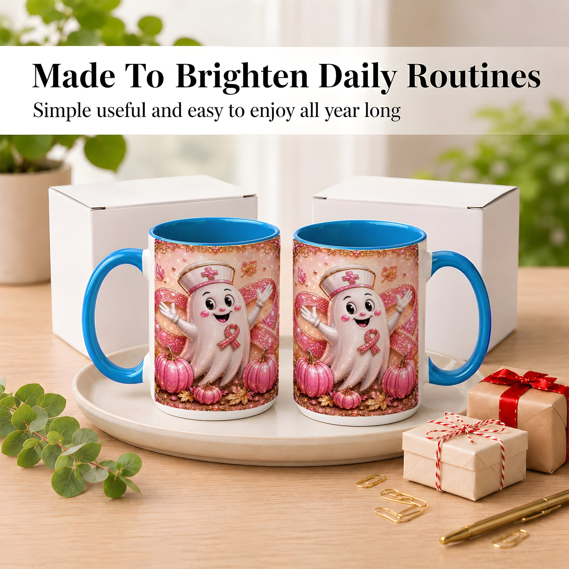 #pl[15oz|Blue] Pink Ribbon Nurse Ghost Coffee Mug, Halloween Mug, Ceramic Cup