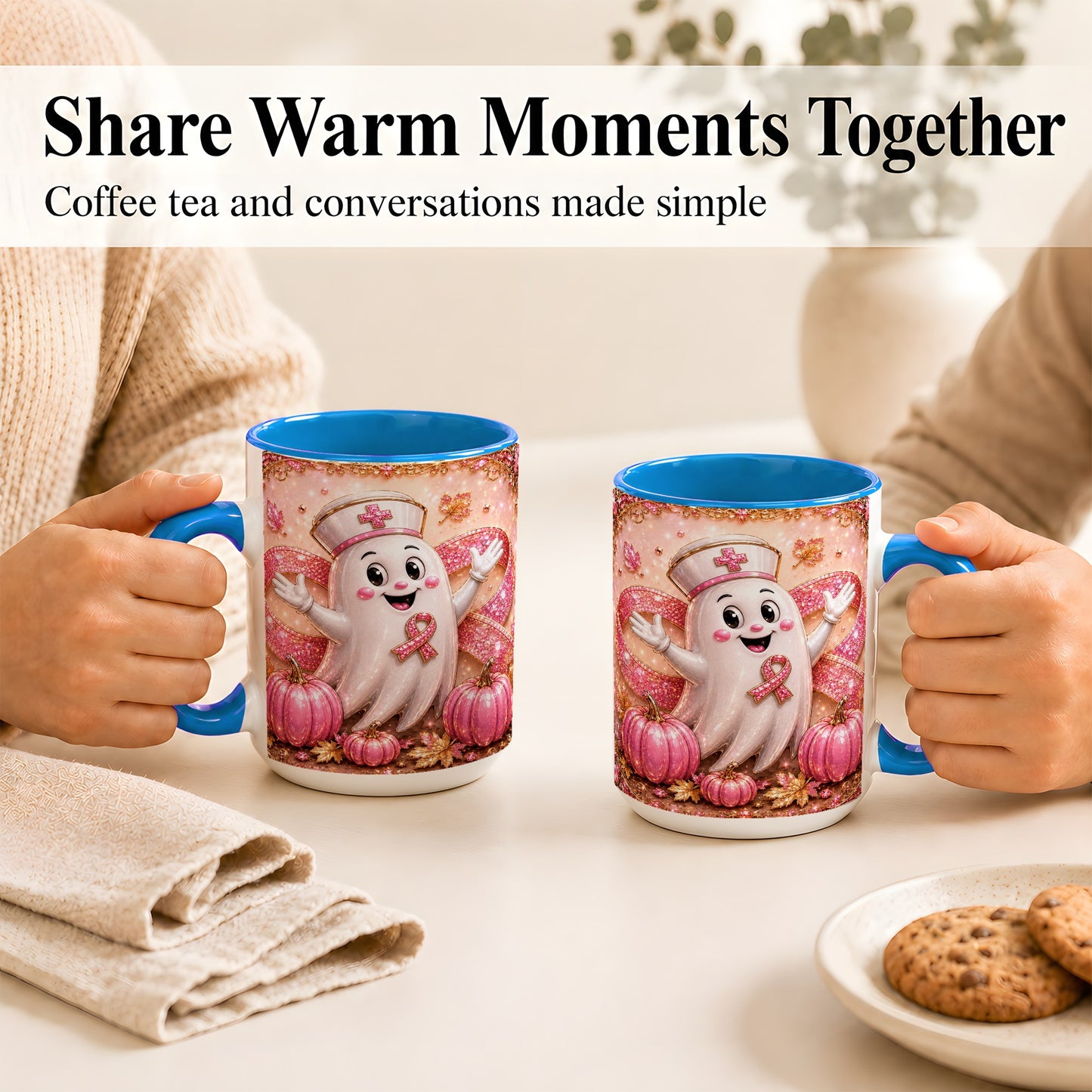 #pl[15oz|Blue] Pink Ribbon Nurse Ghost Coffee Mug, Halloween Mug, Ceramic Cup
