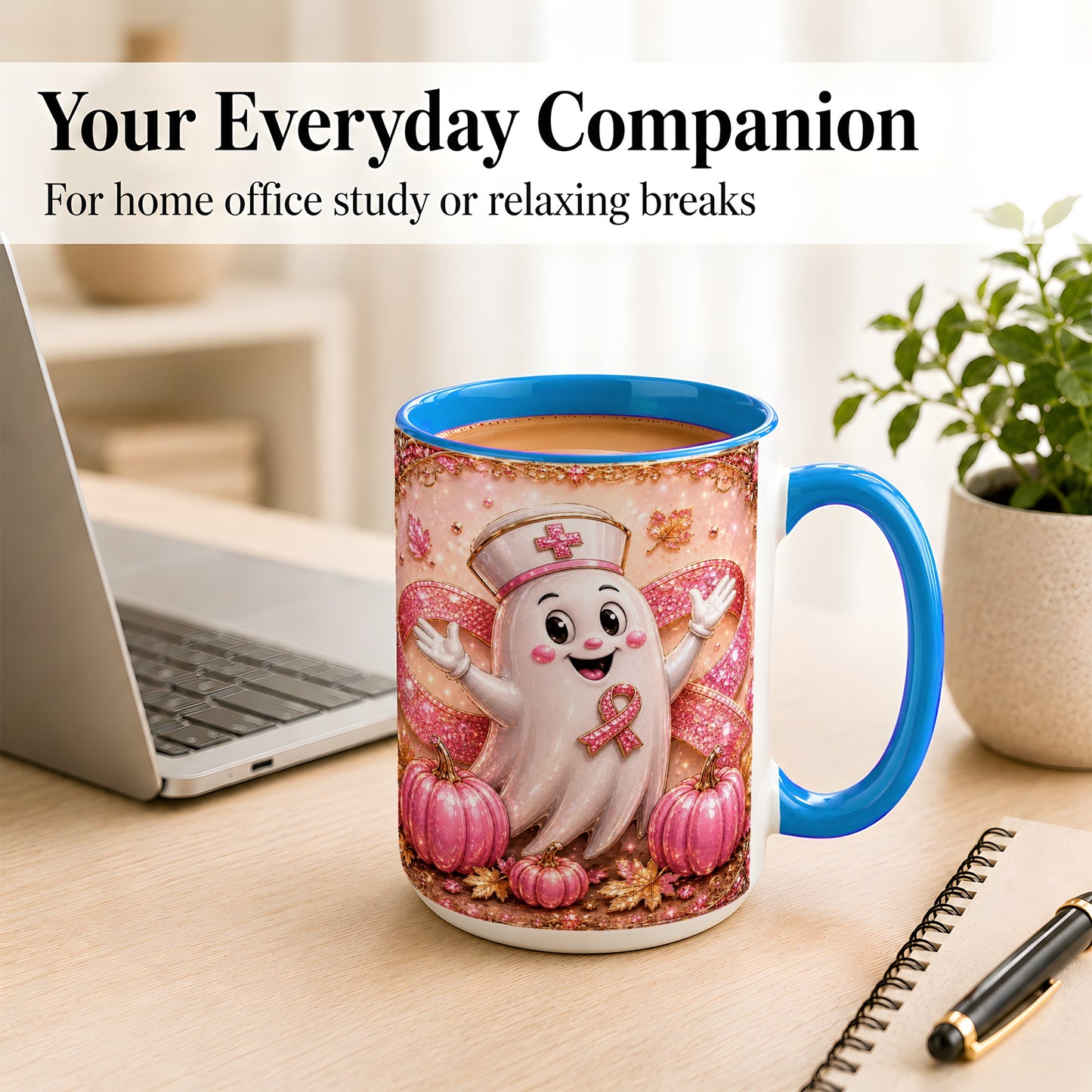 #pl[15oz|Blue] Pink Ribbon Nurse Ghost Coffee Mug, Halloween Mug, Ceramic Cup