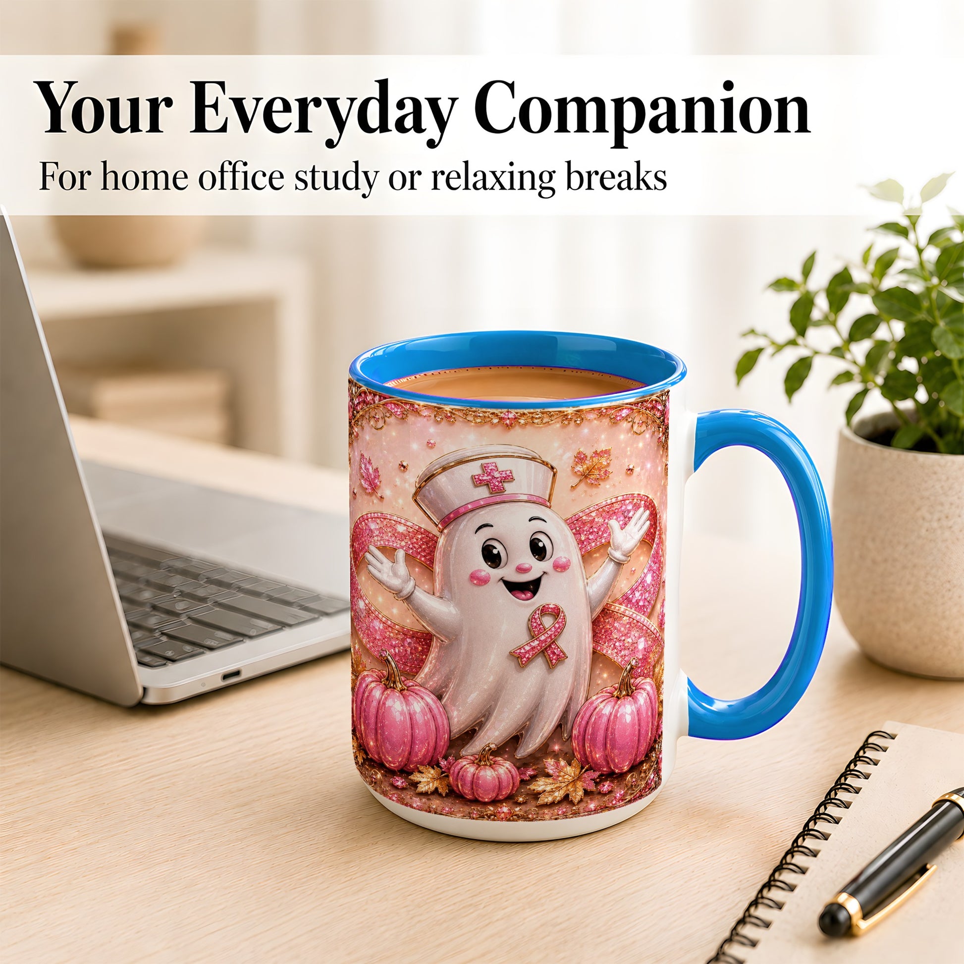 #pl[15oz|Blue] Pink Ribbon Nurse Ghost Coffee Mug, Halloween Mug, Ceramic Cup
