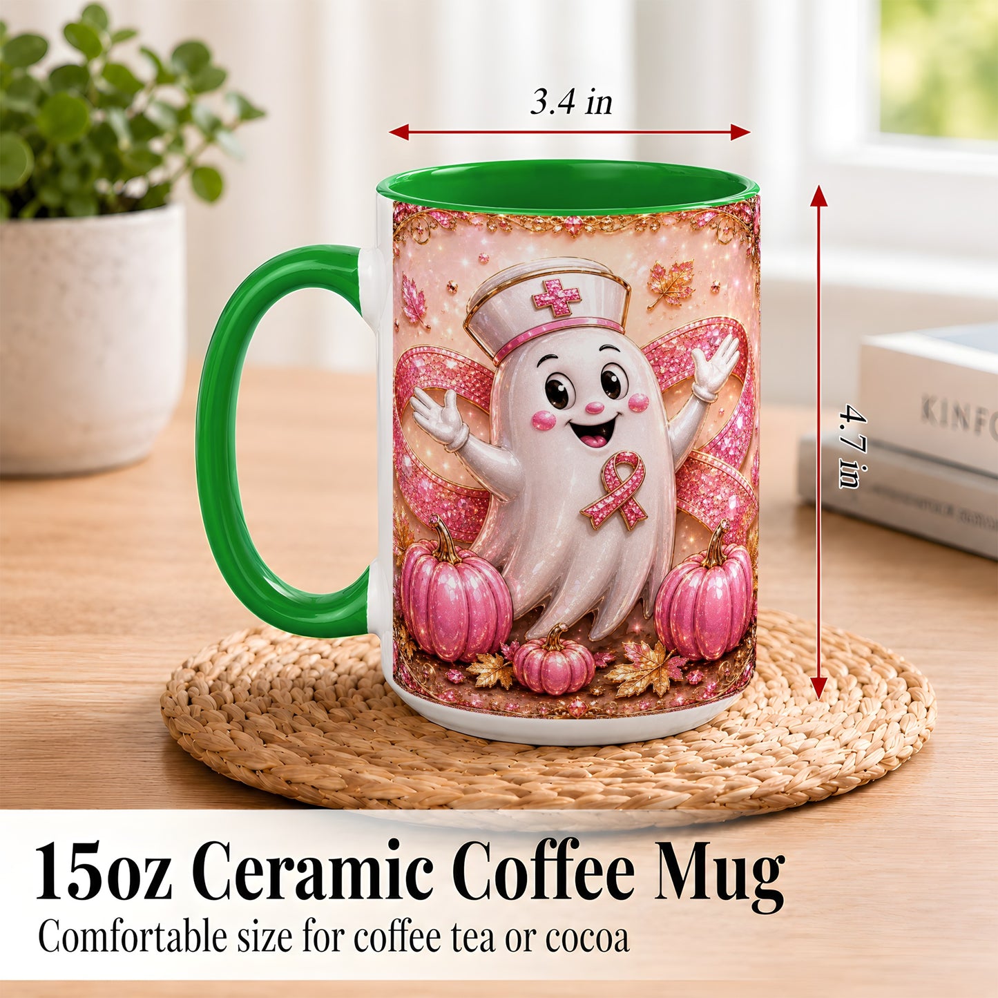 #pl[15oz|Green] Pink Ribbon Nurse Ghost Coffee Mug, Halloween Mug, Ceramic Cup
