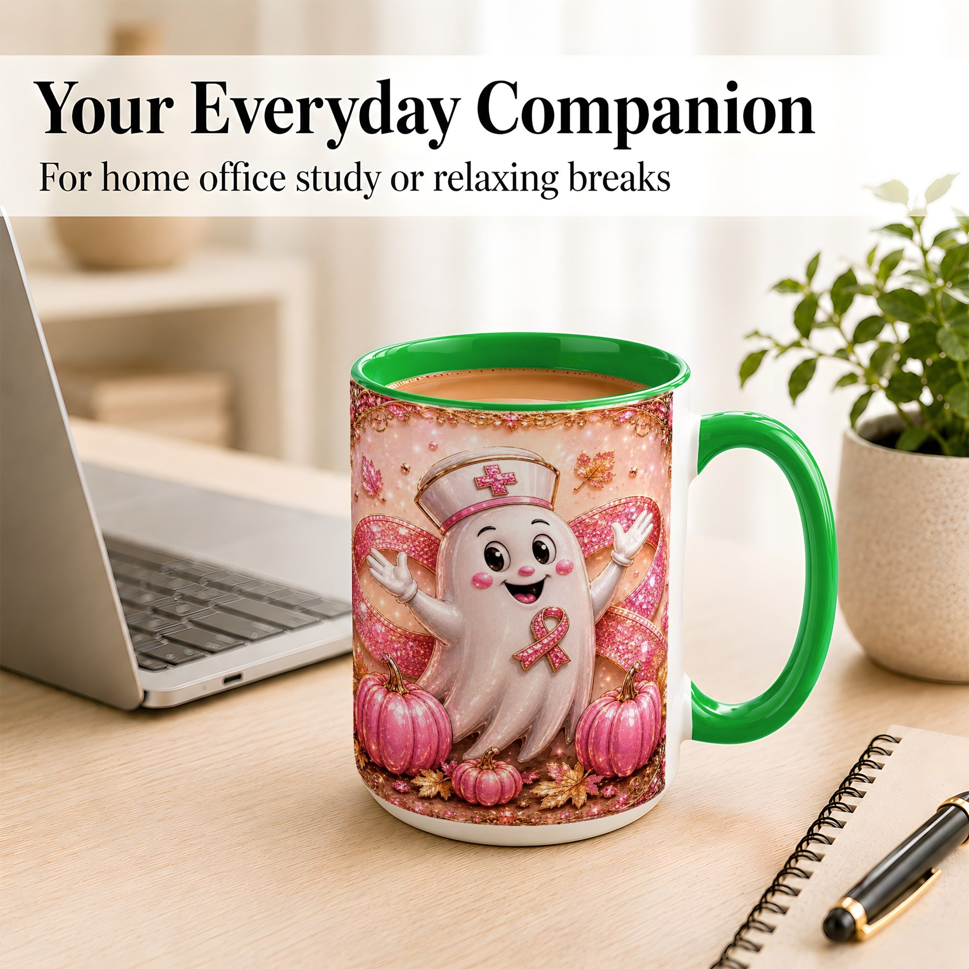 #pl[15oz|Green] Pink Ribbon Nurse Ghost Coffee Mug, Halloween Mug, Ceramic Cup