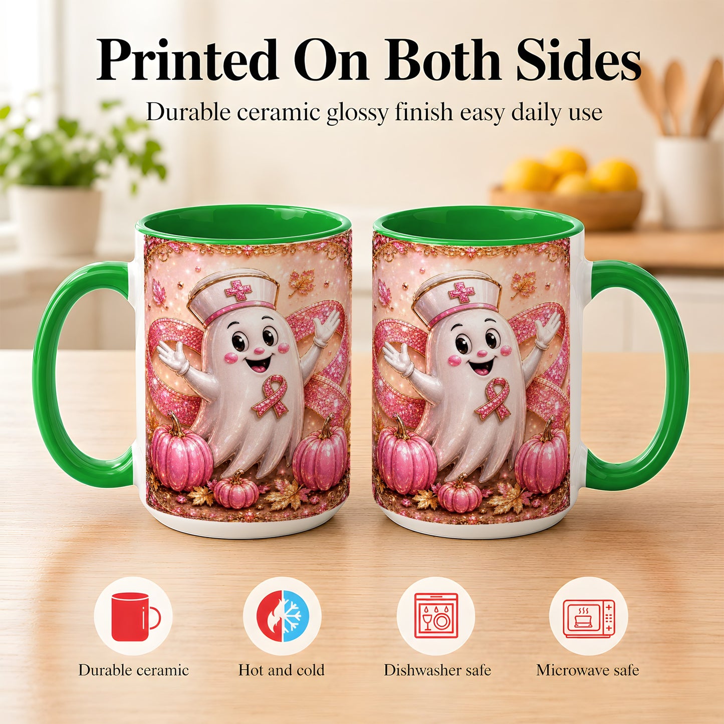 #pl[15oz|Green] Pink Ribbon Nurse Ghost Coffee Mug, Halloween Mug, Ceramic Cup