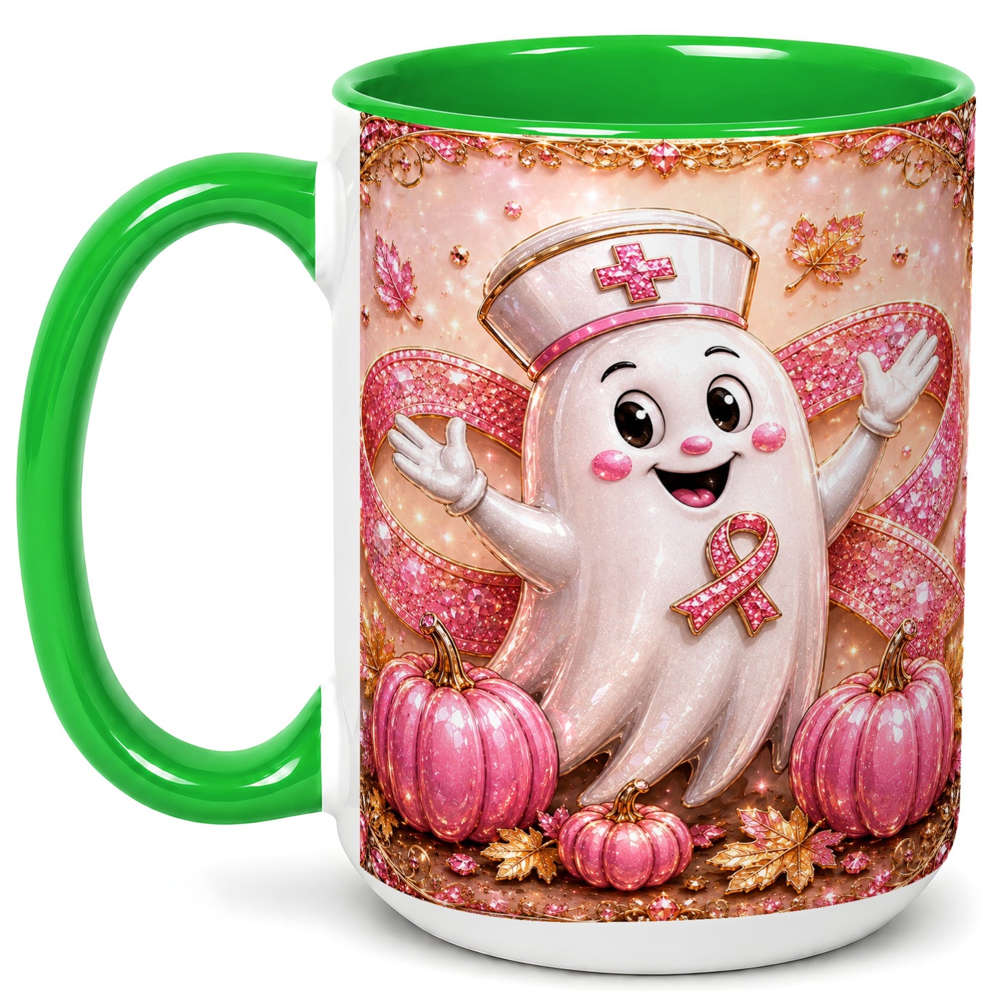 #pl[15oz|Green] Pink Ribbon Nurse Ghost Coffee Mug, Halloween Mug, Ceramic Cup