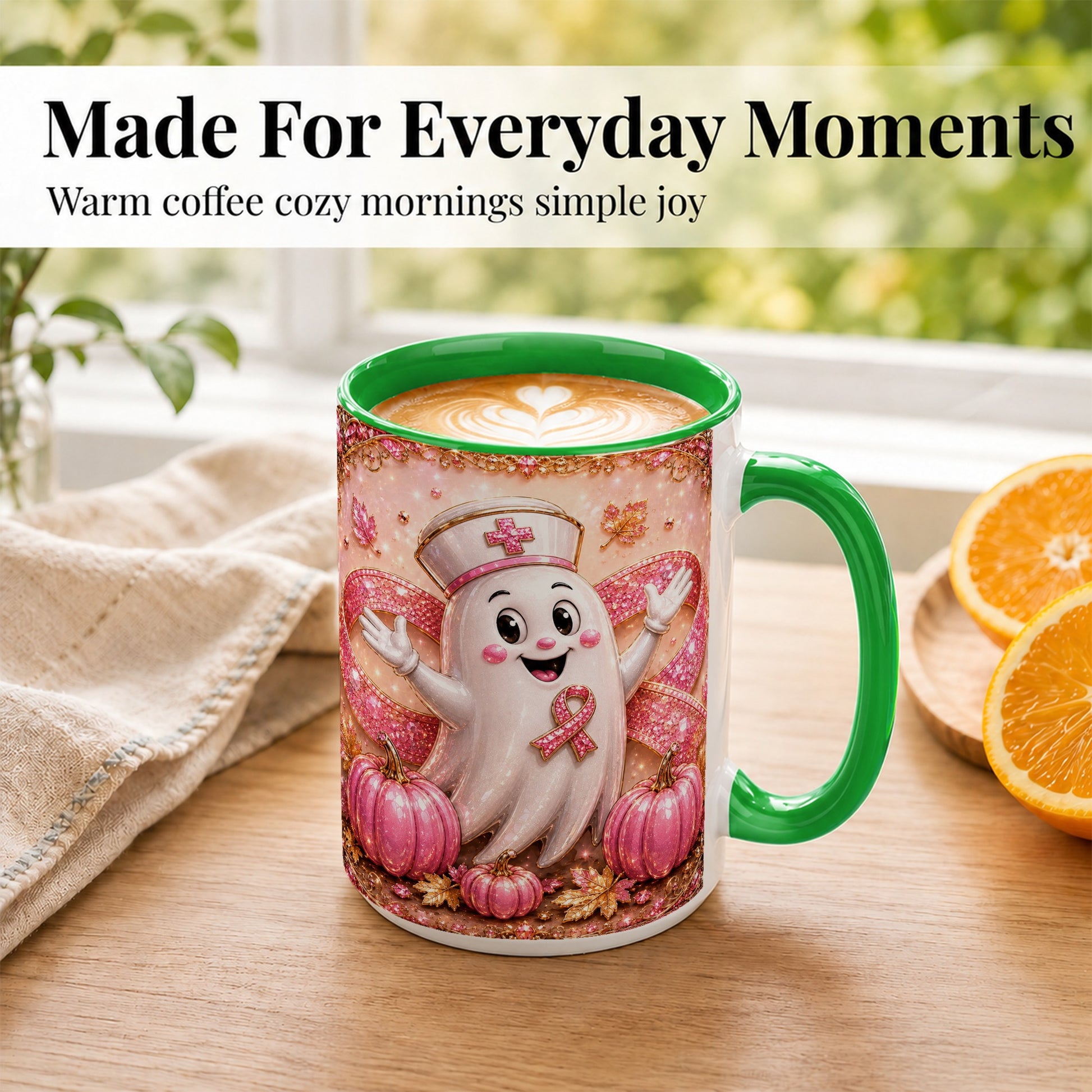 #pl[15oz|Green] Pink Ribbon Nurse Ghost Coffee Mug, Halloween Mug, Ceramic Cup