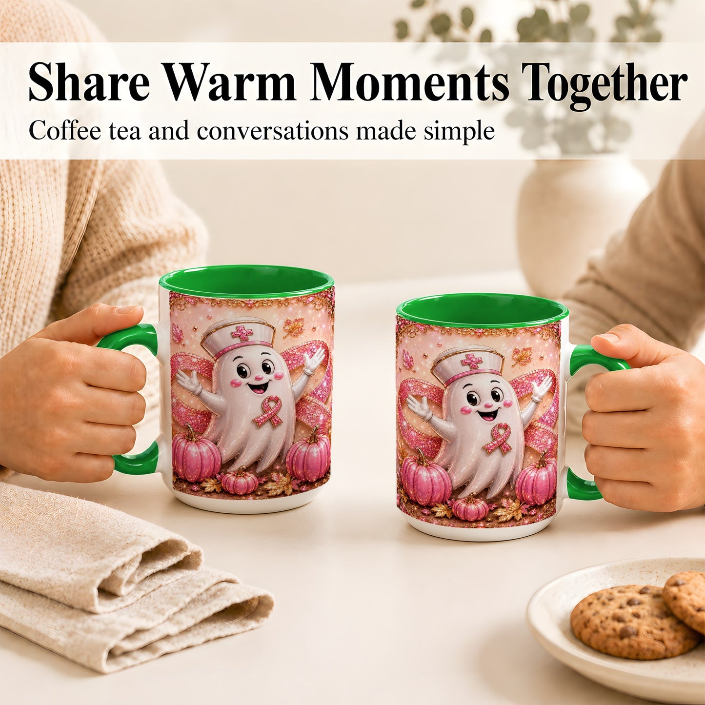 #pl[15oz|Green] Pink Ribbon Nurse Ghost Coffee Mug, Halloween Mug, Ceramic Cup