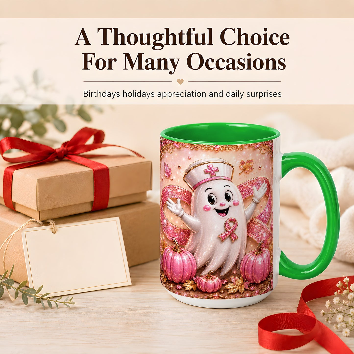 #pl[15oz|Green] Pink Ribbon Nurse Ghost Coffee Mug, Halloween Mug, Ceramic Cup