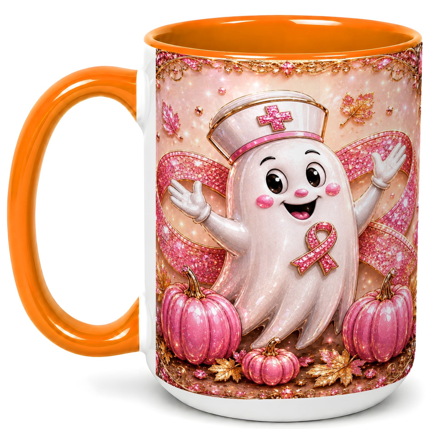 #pl[15oz|Orange] Pink Ribbon Nurse Ghost Coffee Mug, Halloween Mug, Ceramic Cup