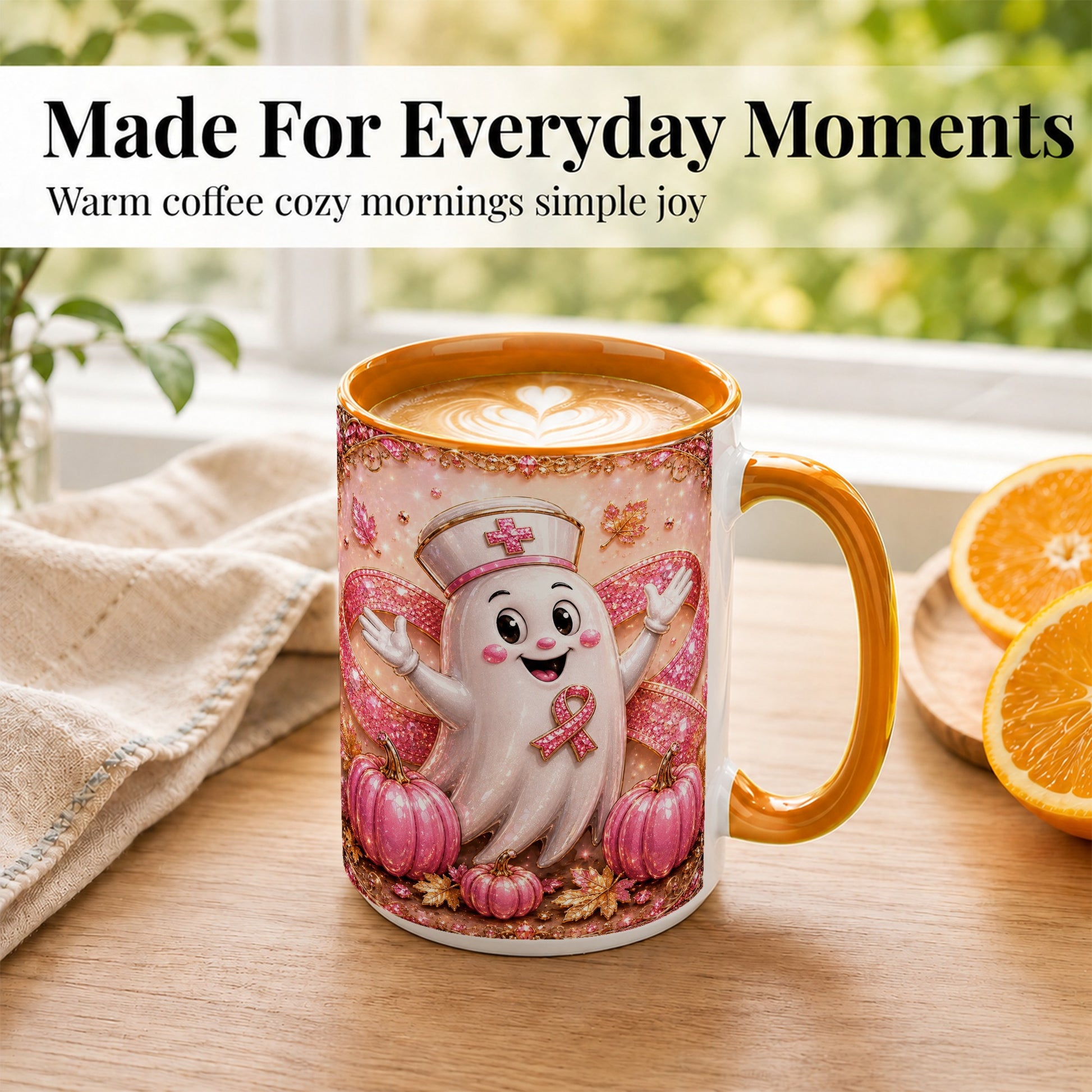 #pl[15oz|Orange] Pink Ribbon Nurse Ghost Coffee Mug, Halloween Mug, Ceramic Cup