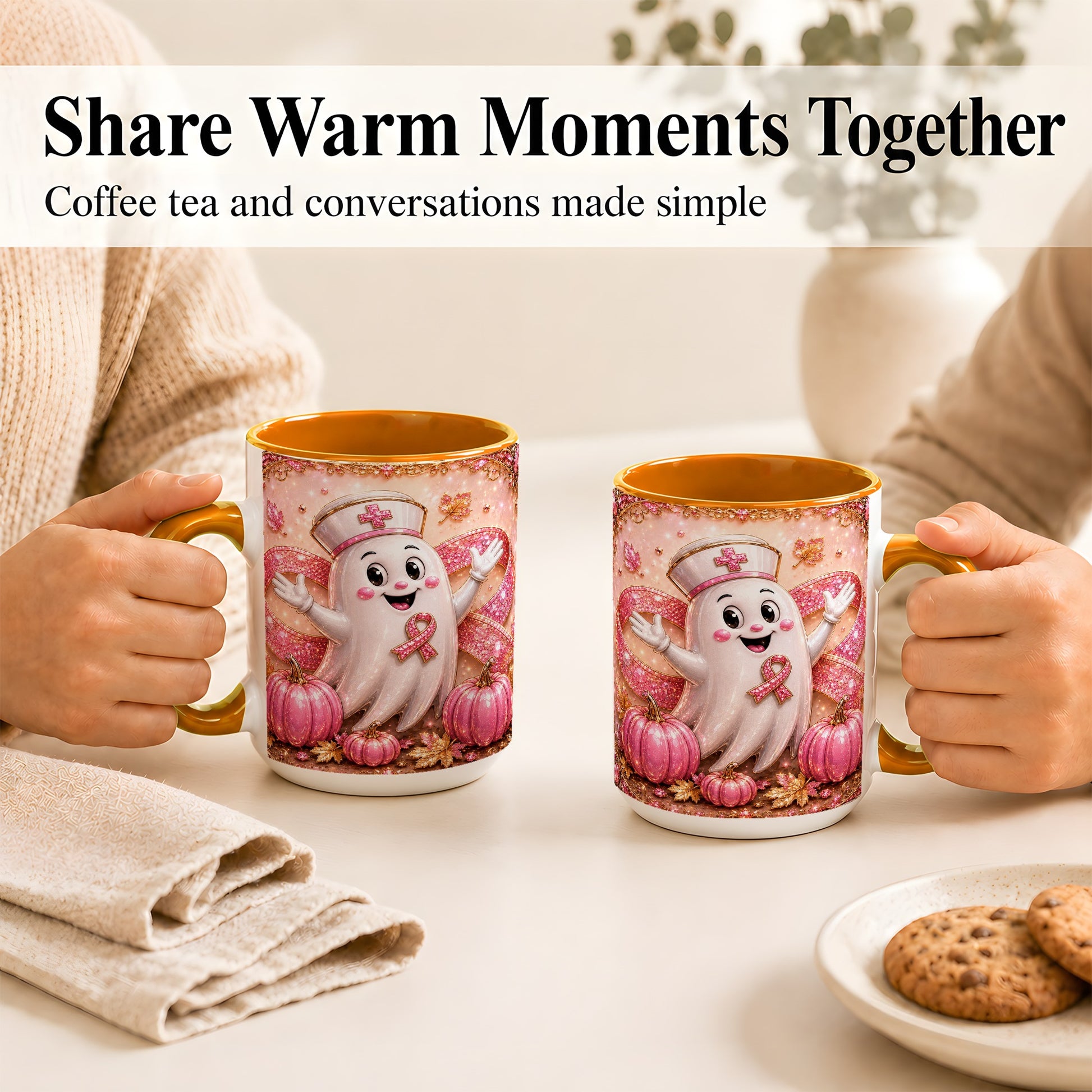 #pl[15oz|Orange] Pink Ribbon Nurse Ghost Coffee Mug, Halloween Mug, Ceramic Cup