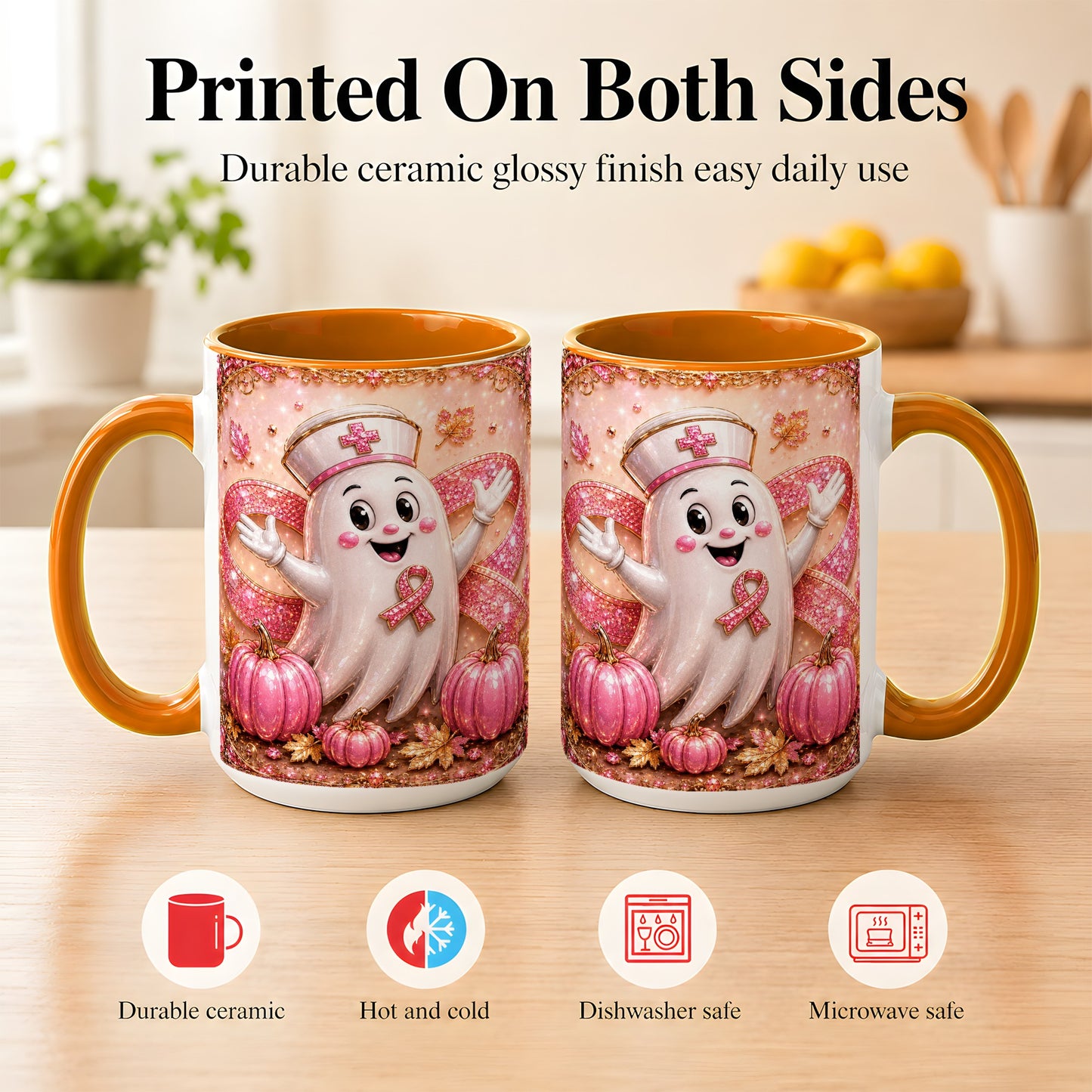 #pl[15oz|Orange] Pink Ribbon Nurse Ghost Coffee Mug, Halloween Mug, Ceramic Cup