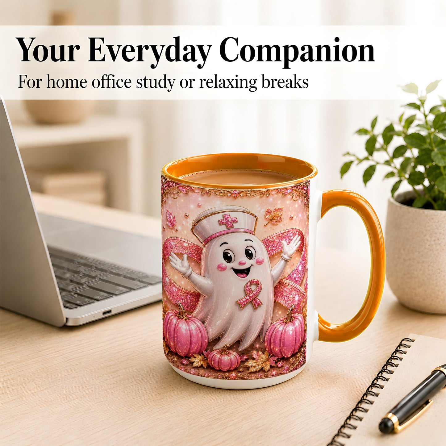 #pl[15oz|Orange] Pink Ribbon Nurse Ghost Coffee Mug, Halloween Mug, Ceramic Cup
