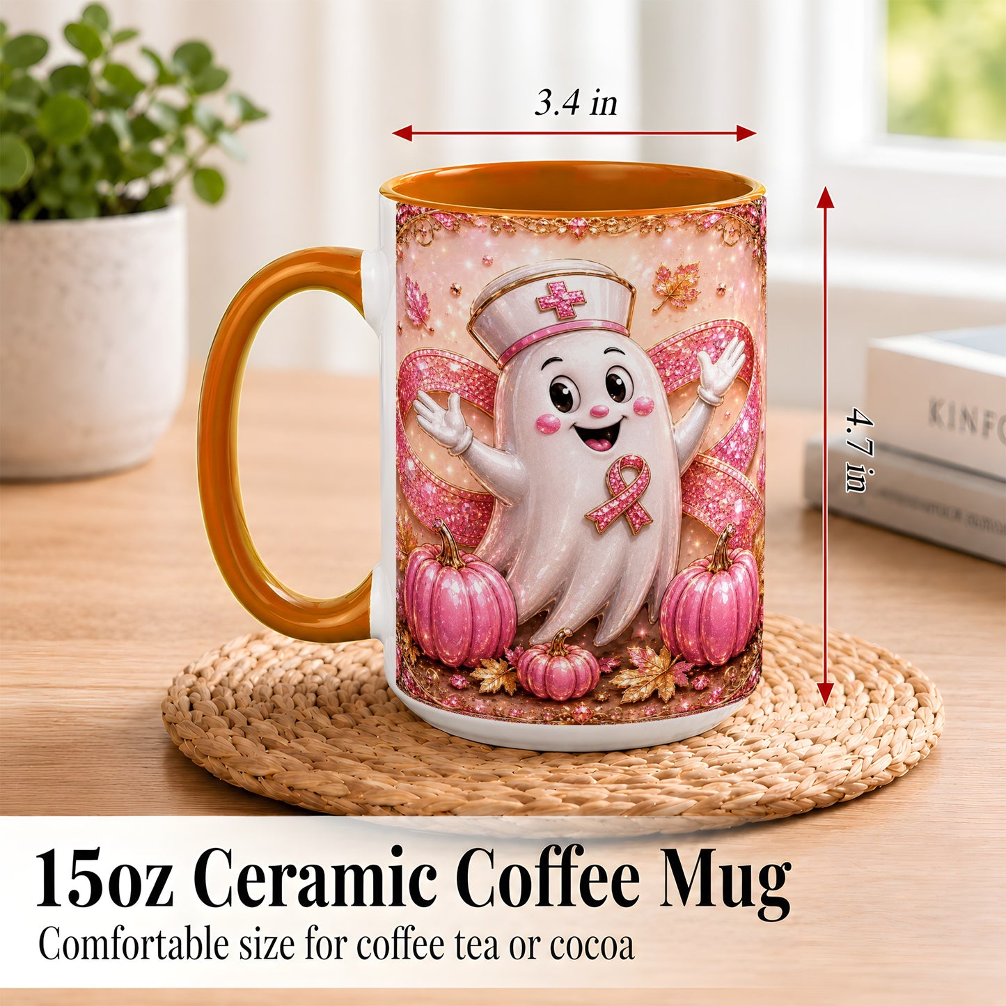 #pl[15oz|Orange] Pink Ribbon Nurse Ghost Coffee Mug, Halloween Mug, Ceramic Cup