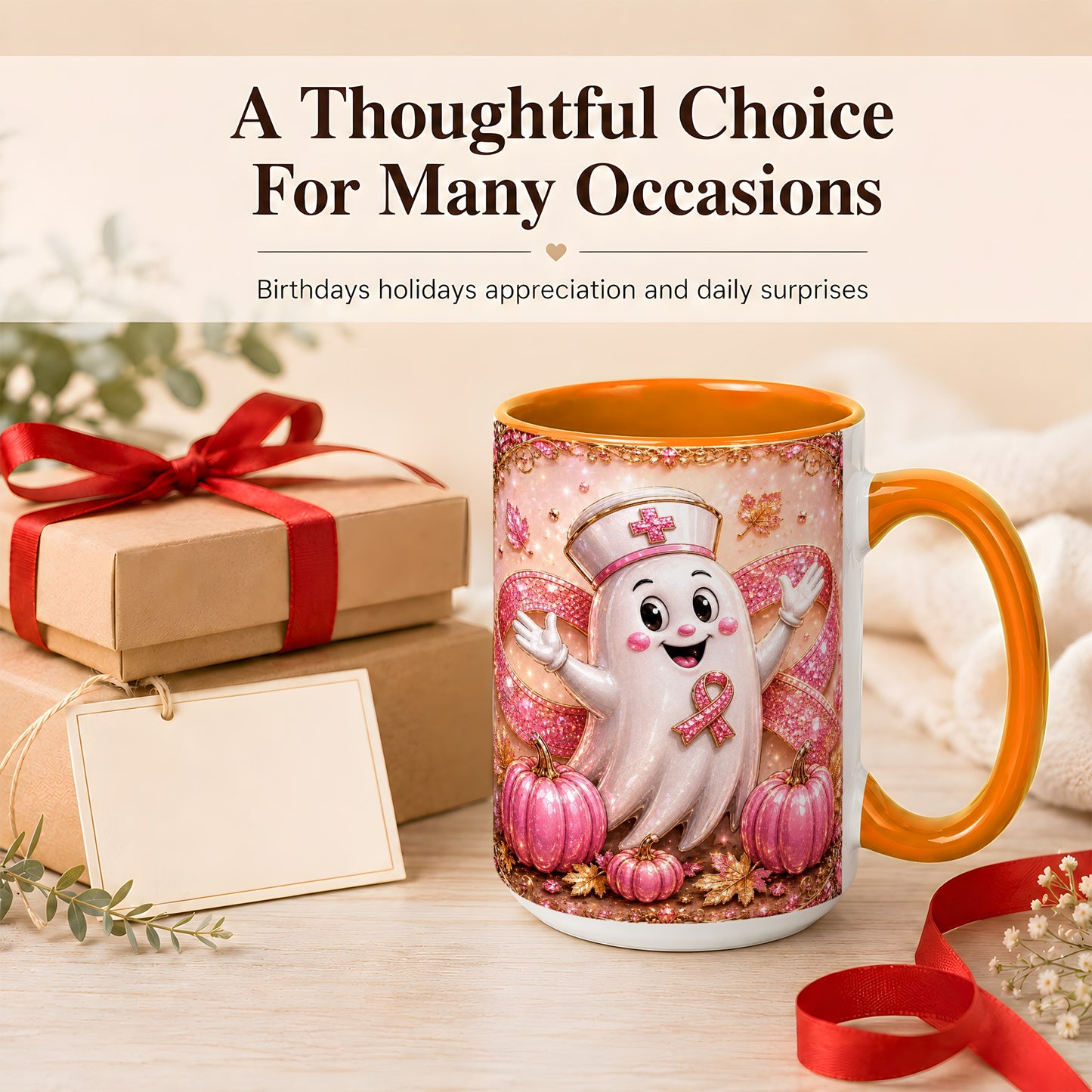 #pl[15oz|Orange] Pink Ribbon Nurse Ghost Coffee Mug, Halloween Mug, Ceramic Cup