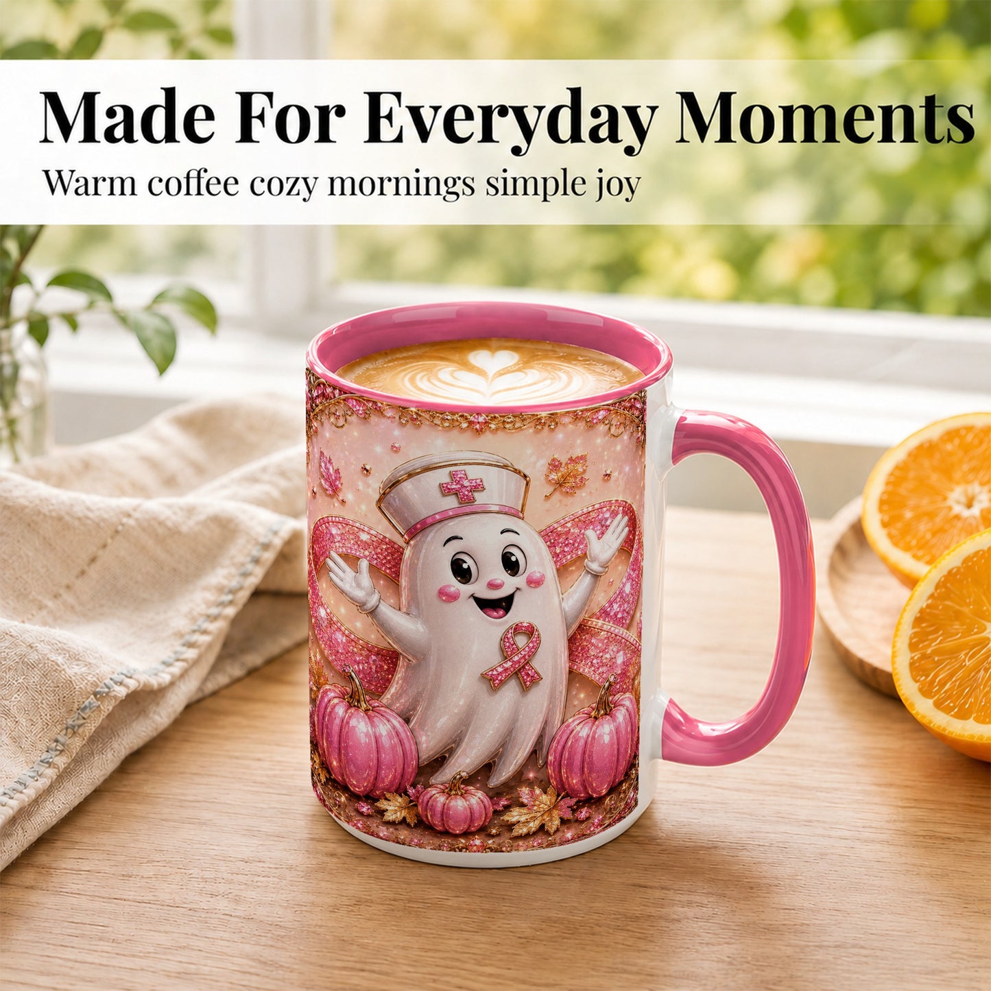 #pl[15oz|Pink] Pink Ribbon Nurse Ghost Coffee Mug, Halloween Mug, Ceramic Cup