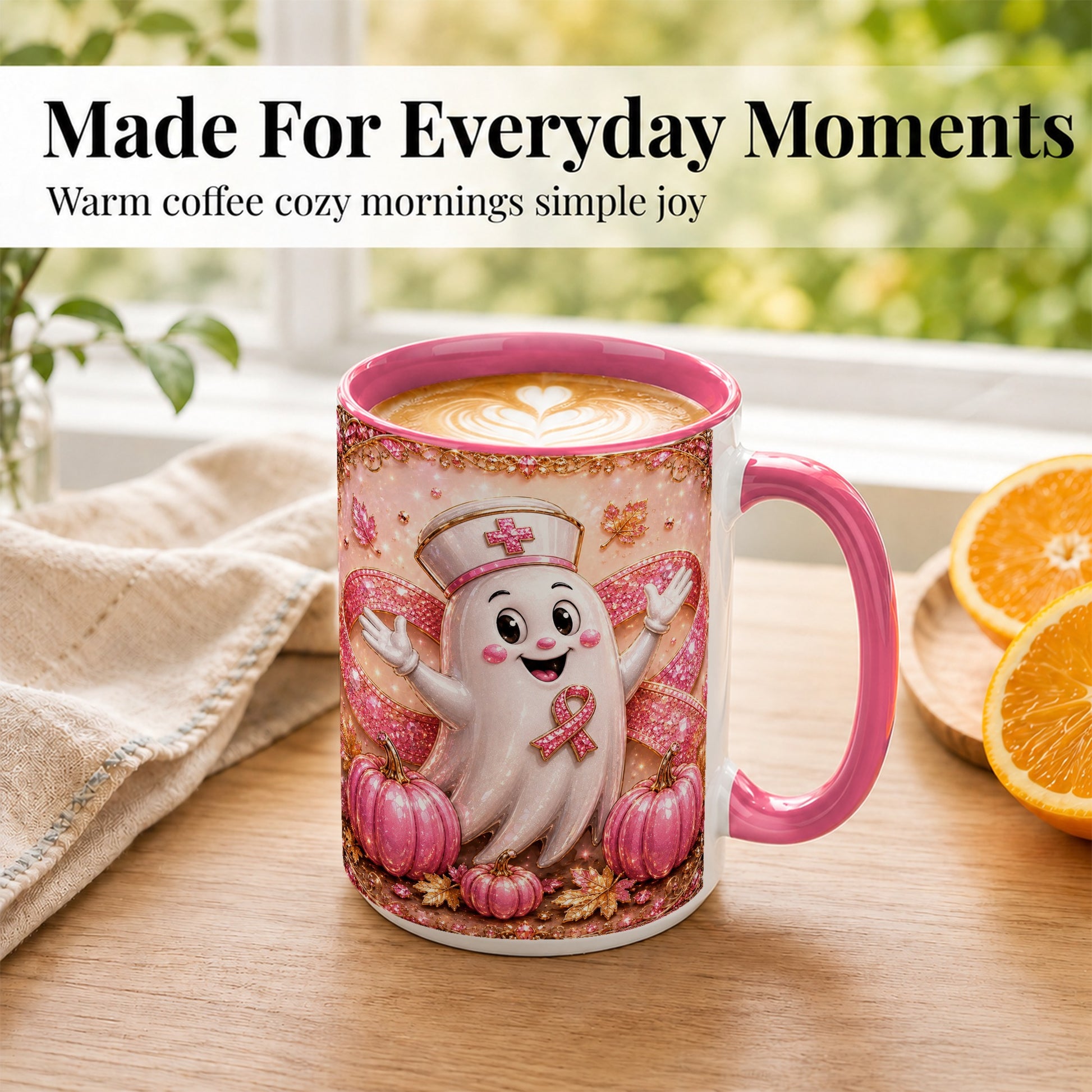 #pl[15oz|Pink] Pink Ribbon Nurse Ghost Coffee Mug, Halloween Mug, Ceramic Cup