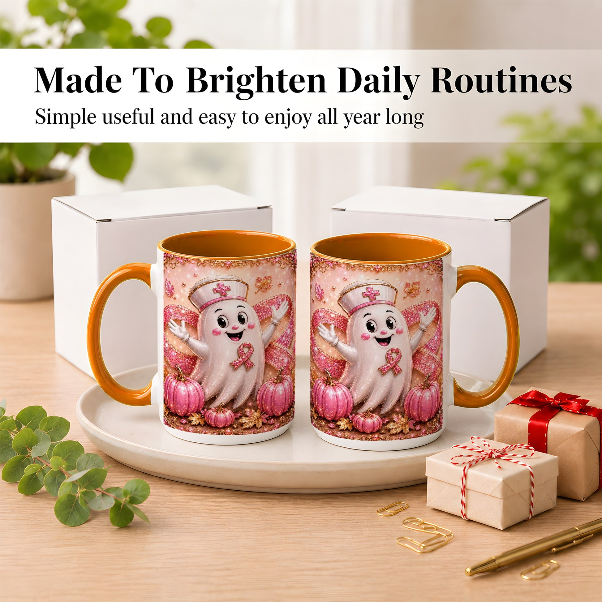 #pl[15oz|Orange] Pink Ribbon Nurse Ghost Coffee Mug, Halloween Mug, Ceramic Cup