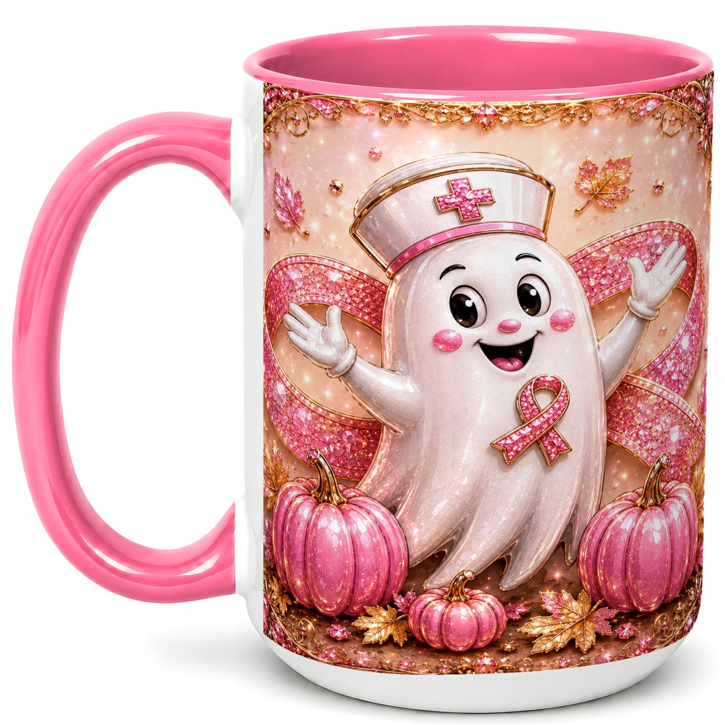 #pl[15oz|Pink] Pink Ribbon Nurse Ghost Coffee Mug, Halloween Mug, Ceramic Cup