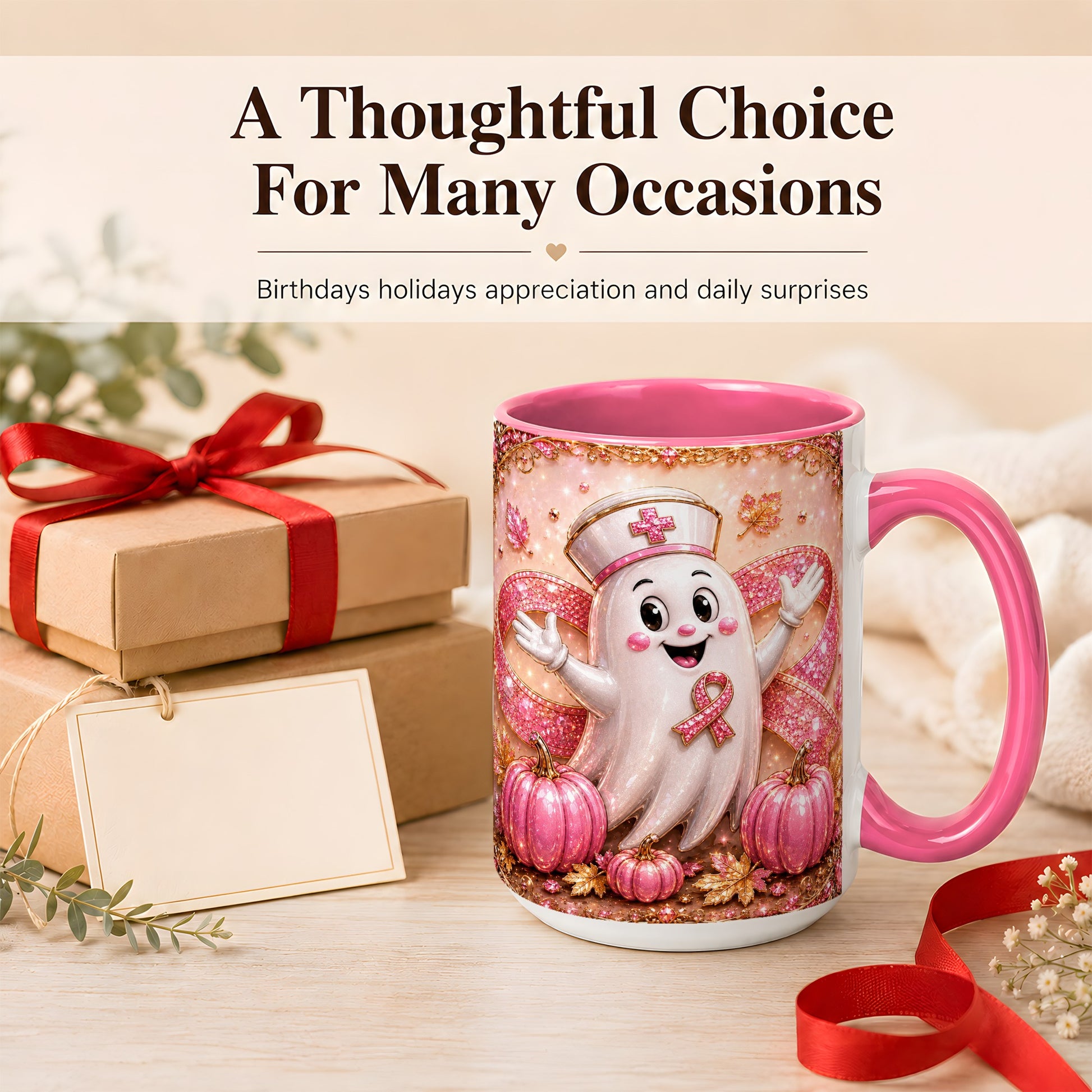 #pl[15oz|Pink] Pink Ribbon Nurse Ghost Coffee Mug, Halloween Mug, Ceramic Cup