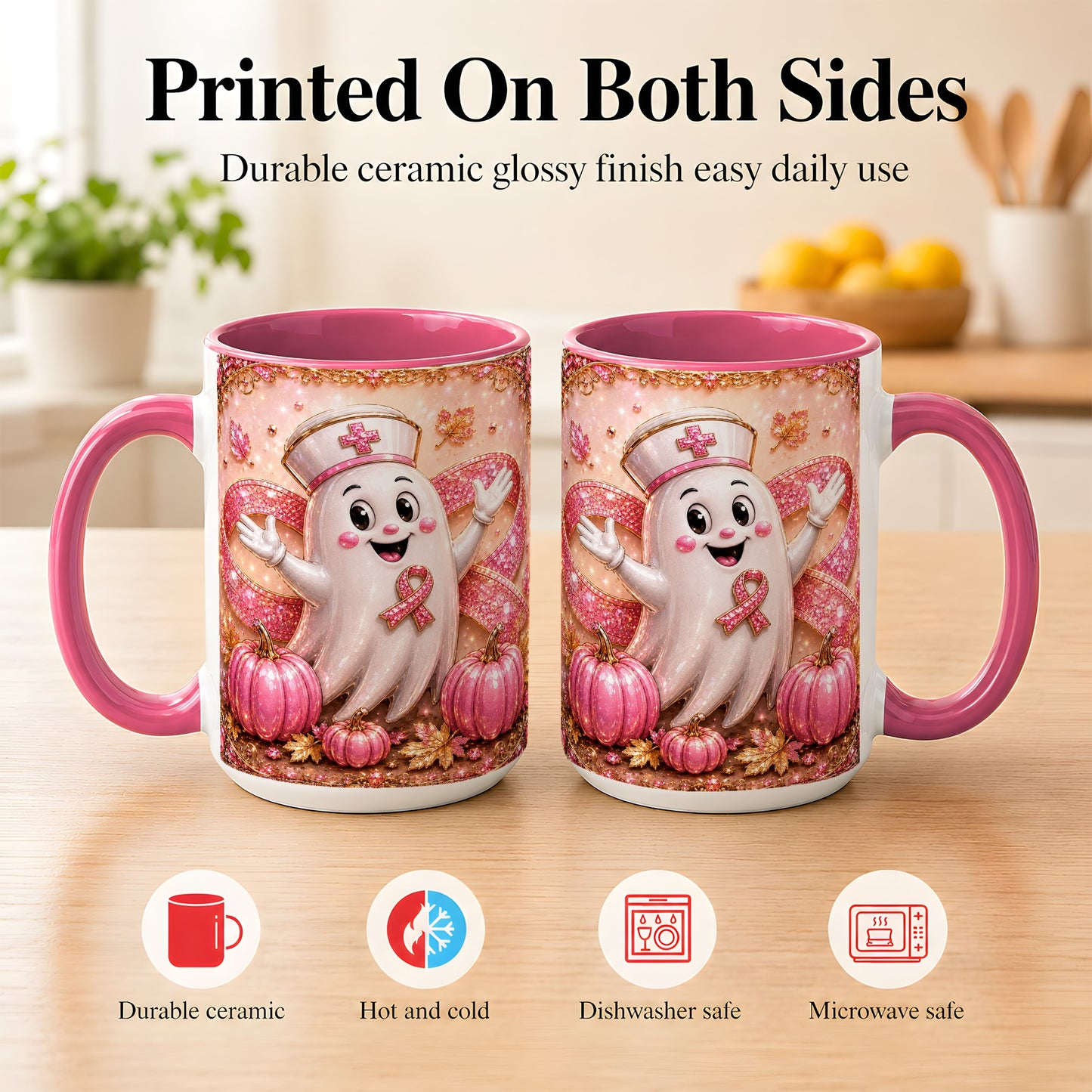 #pl[15oz|Pink] Pink Ribbon Nurse Ghost Coffee Mug, Halloween Mug, Ceramic Cup