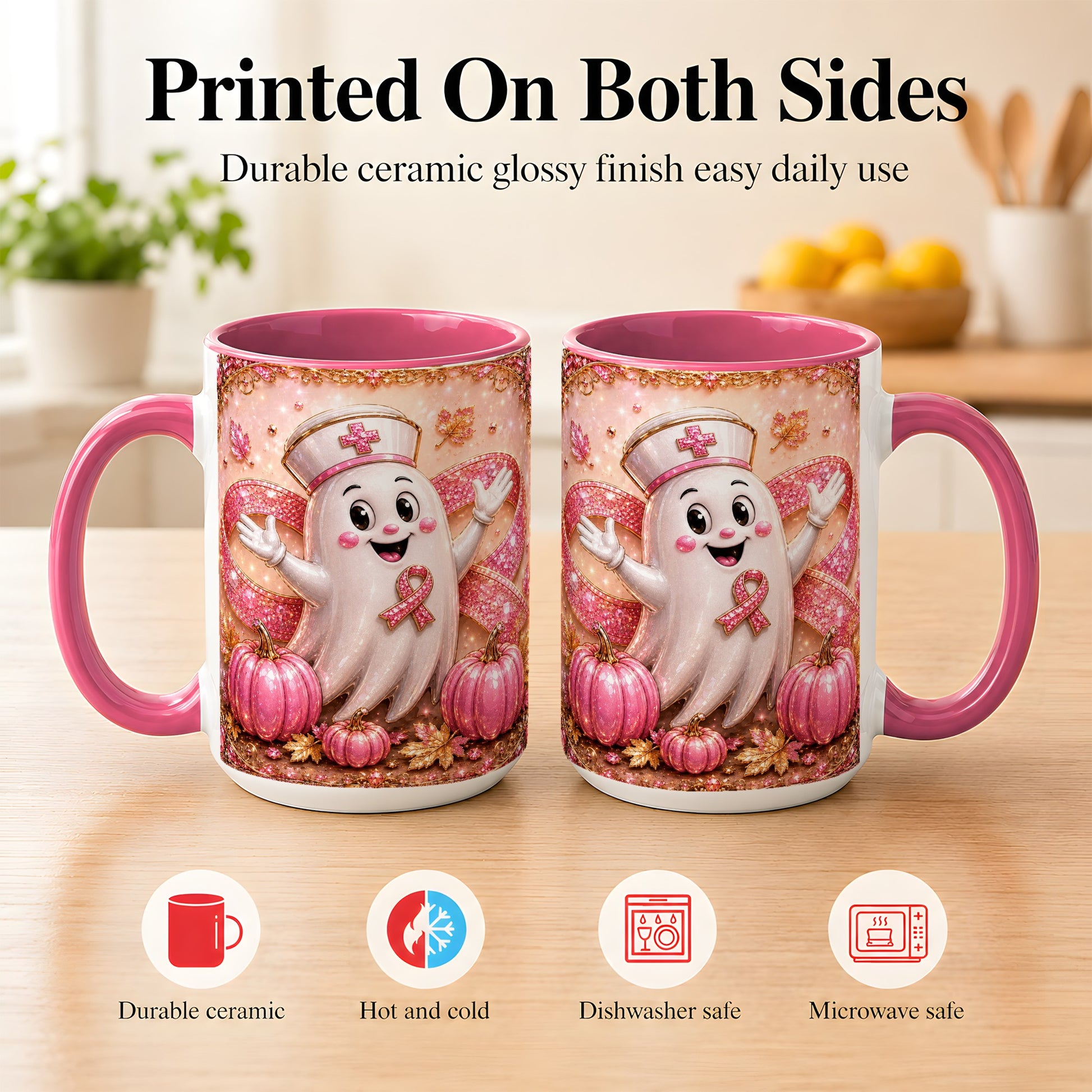 #pl[15oz|Pink] Pink Ribbon Nurse Ghost Coffee Mug, Halloween Mug, Ceramic Cup