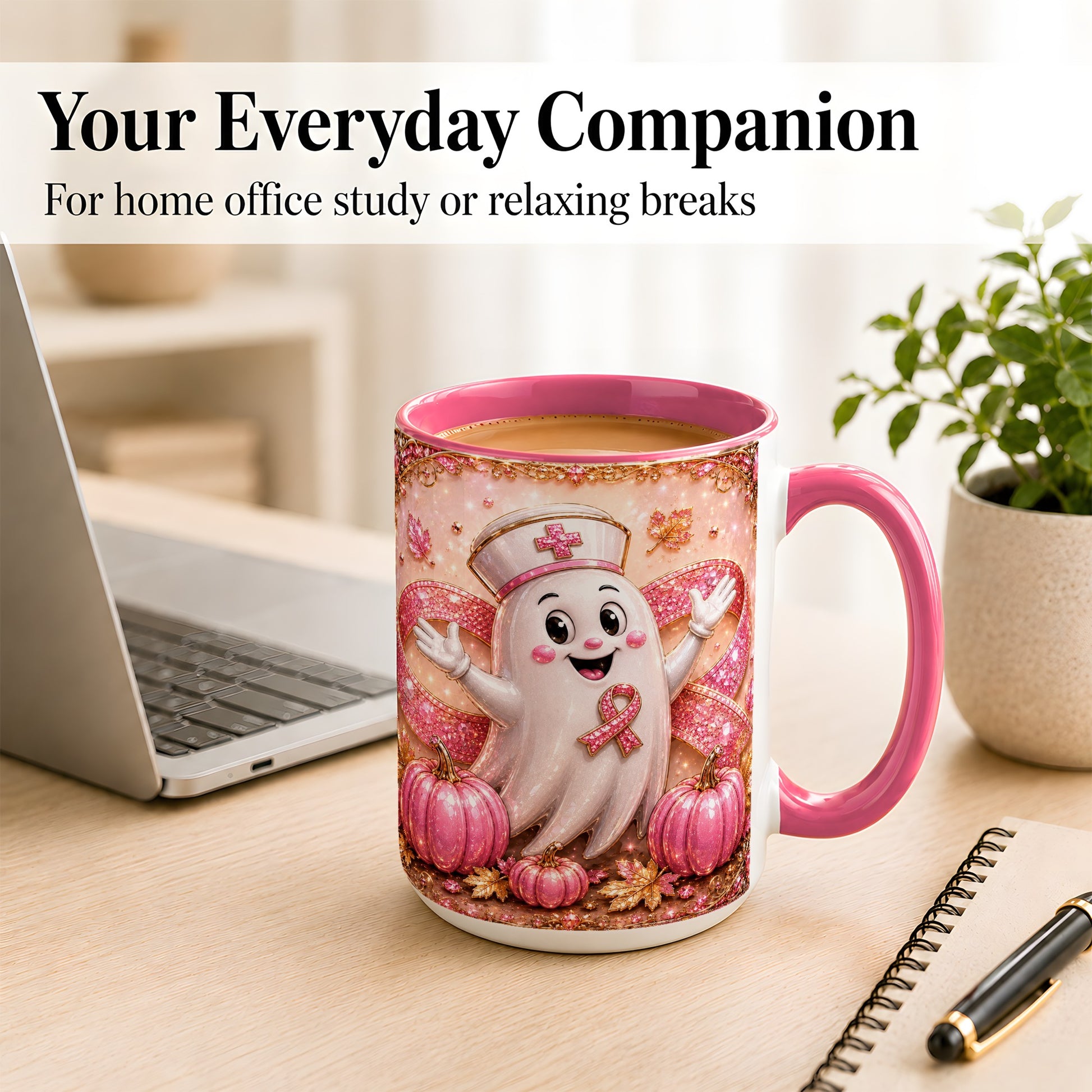 #pl[15oz|Pink] Pink Ribbon Nurse Ghost Coffee Mug, Halloween Mug, Ceramic Cup