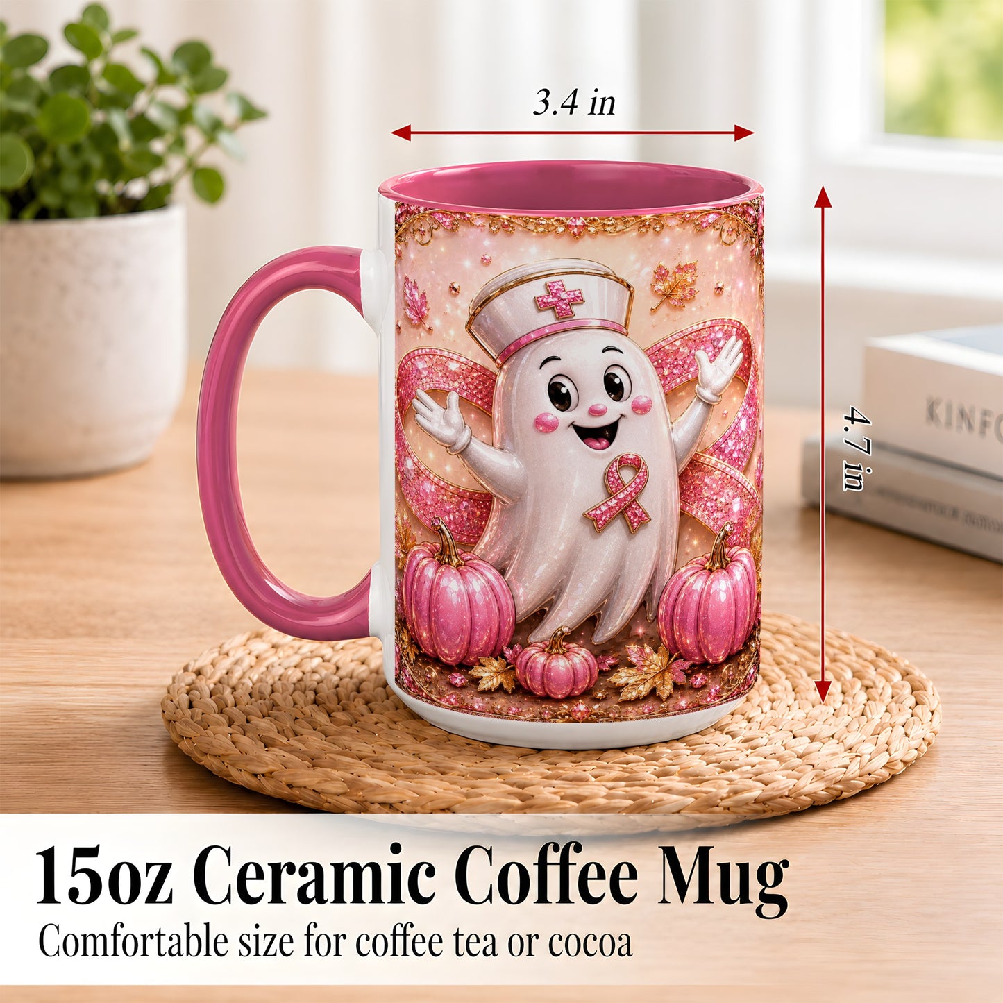 #pl[15oz|Pink] Pink Ribbon Nurse Ghost Coffee Mug, Halloween Mug, Ceramic Cup