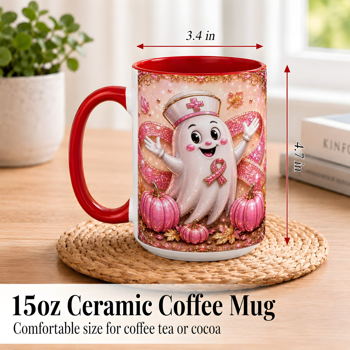#pl[15oz|Red] Pink Ribbon Nurse Ghost Coffee Mug, Halloween Mug, Ceramic Cup