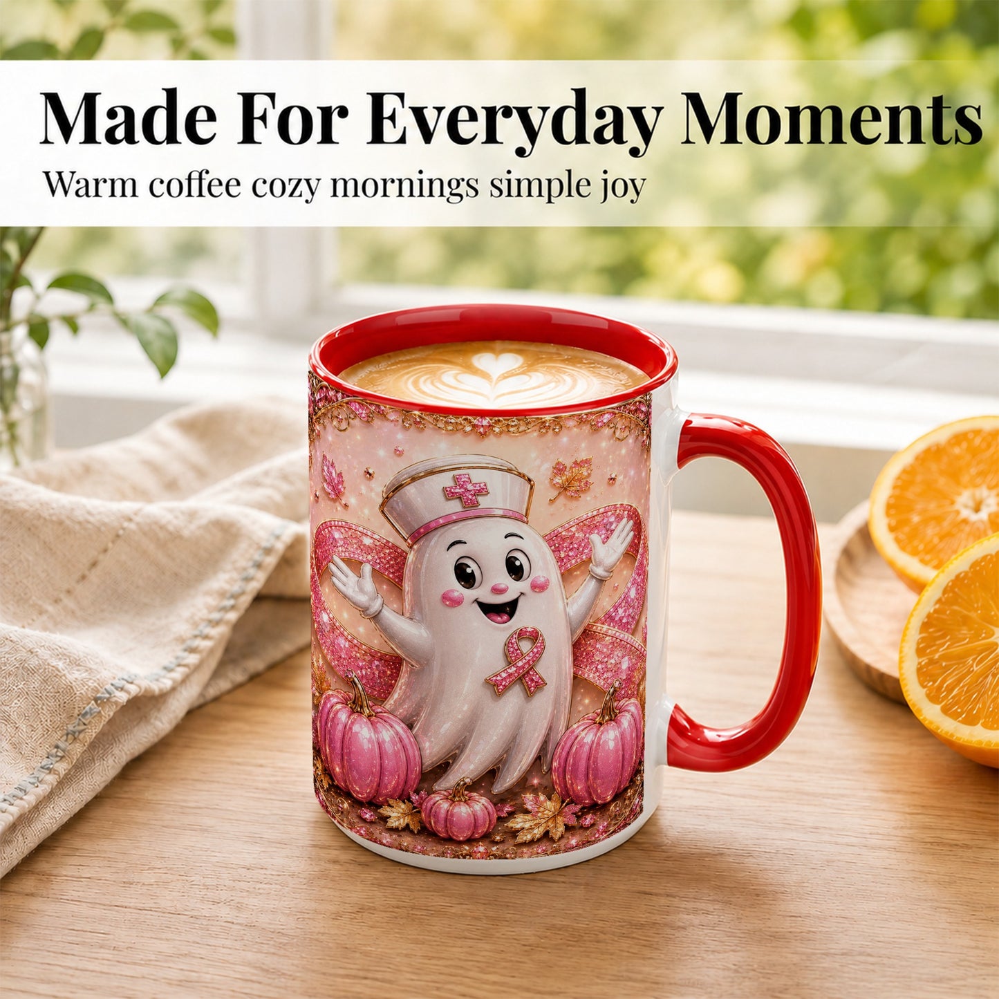#pl[15oz|Red] Pink Ribbon Nurse Ghost Coffee Mug, Halloween Mug, Ceramic Cup