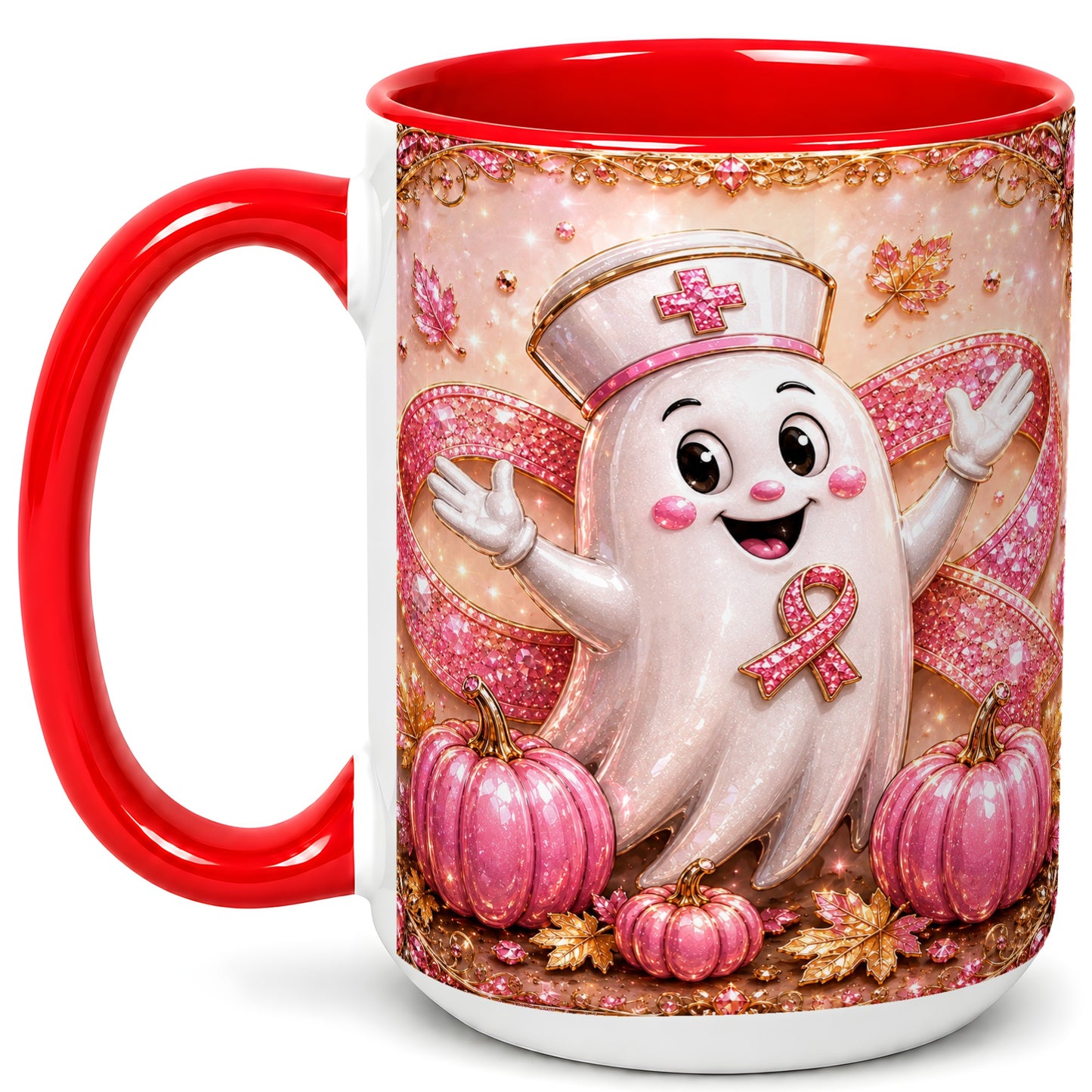 #pl[15oz|Red] Pink Ribbon Nurse Ghost Coffee Mug, Halloween Mug, Ceramic Cup