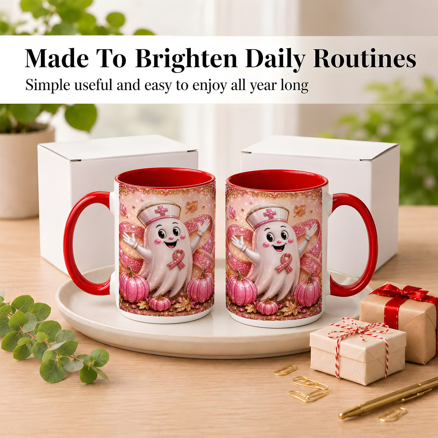 #pl[15oz|Red] Pink Ribbon Nurse Ghost Coffee Mug, Halloween Mug, Ceramic Cup
