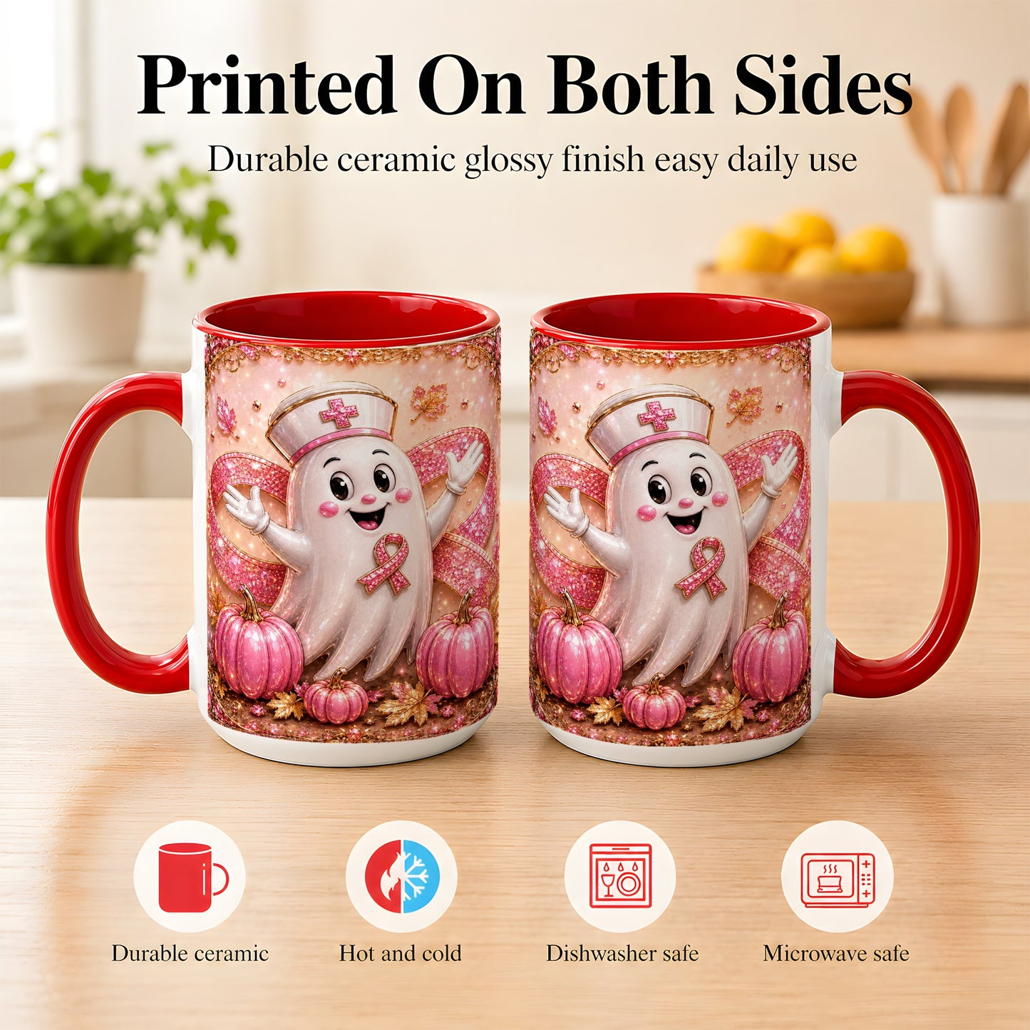 #pl[15oz|Red] Pink Ribbon Nurse Ghost Coffee Mug, Halloween Mug, Ceramic Cup