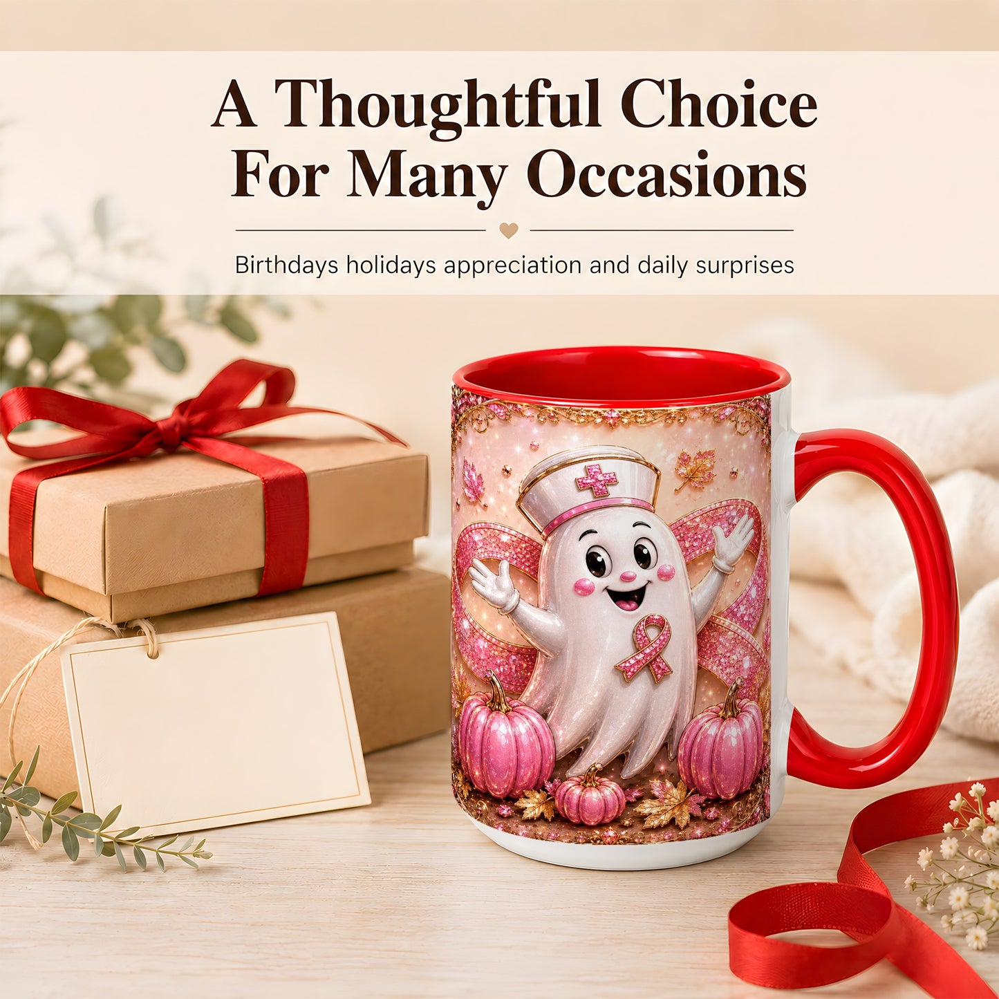#pl[15oz|Red] Pink Ribbon Nurse Ghost Coffee Mug, Halloween Mug, Ceramic Cup
